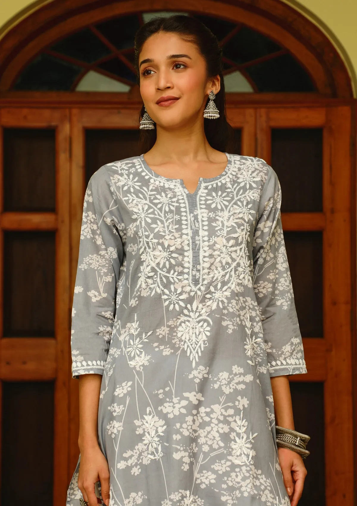 HOC Zainab Chikankari Mulmul Printed Straight Kurta -Grey - Healthber