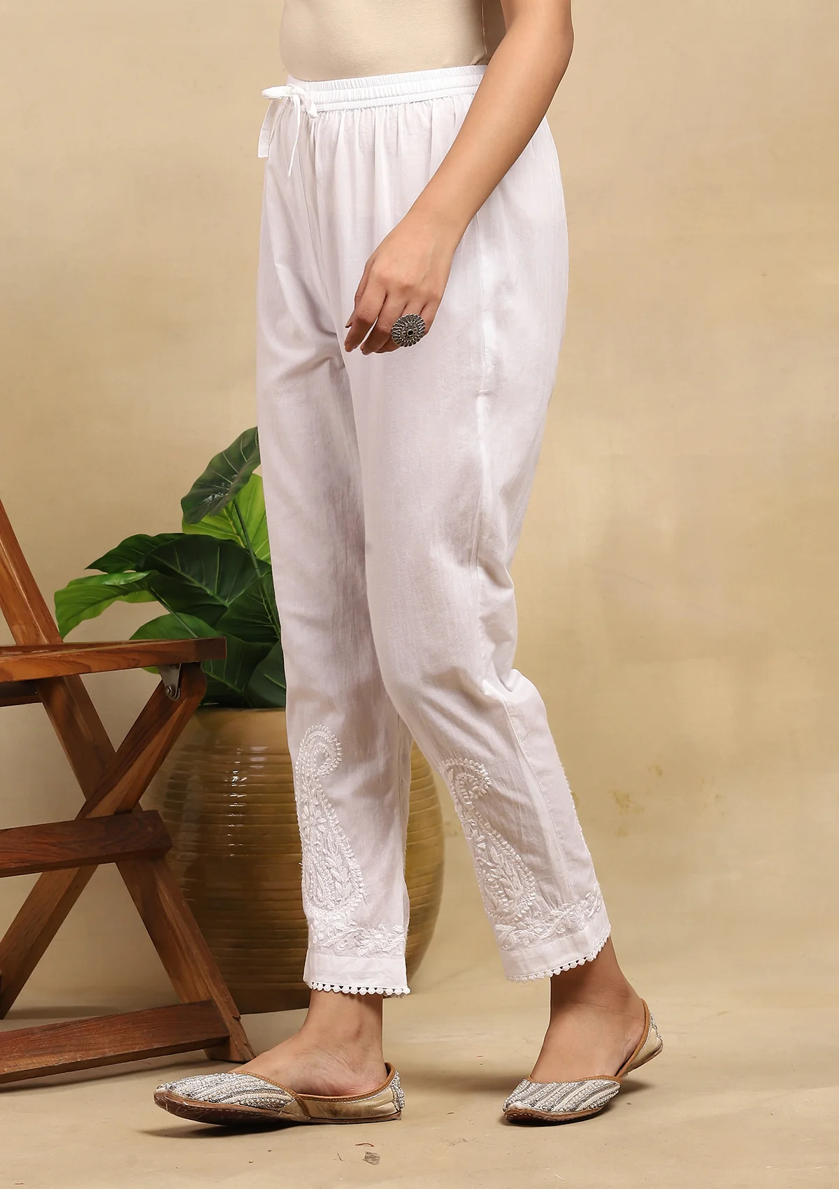 HOC Cotton Chikankari Solid Women's Pants With Lace - White - Healthber