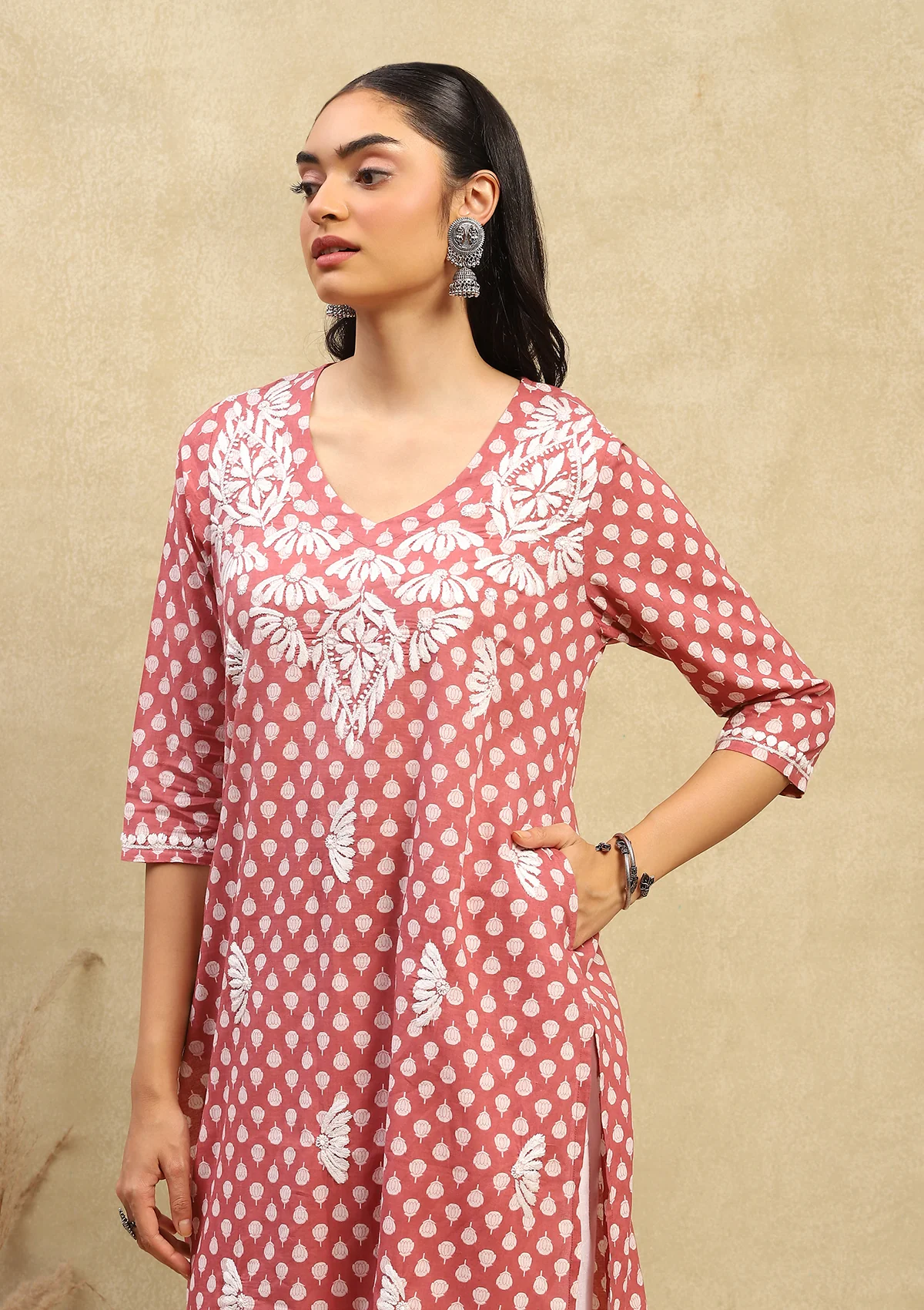 HOC Cotton Chikankari Printed Women's Long Kurta - Dust Pink - Healthber