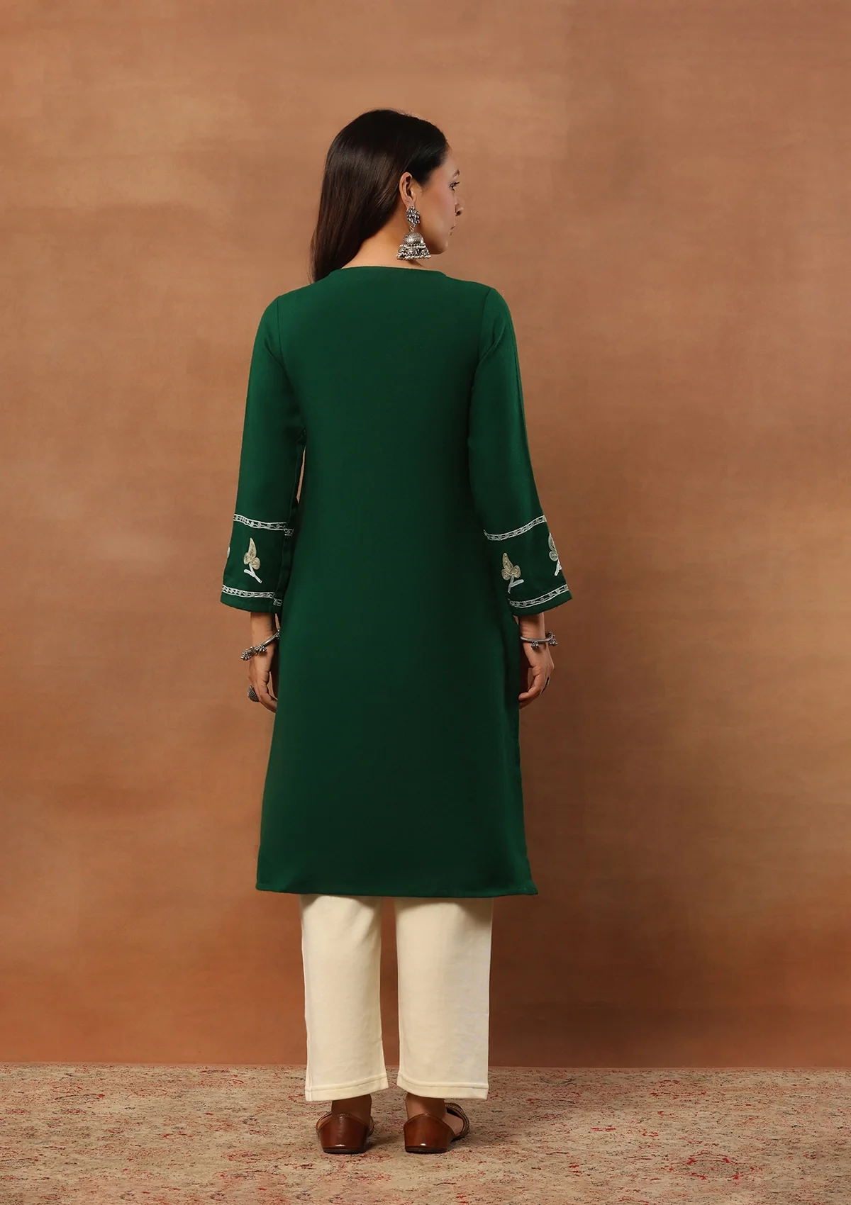 HOC Aari Embroidered Woollen Solid Women's Long Kurta - Green - Healthber
