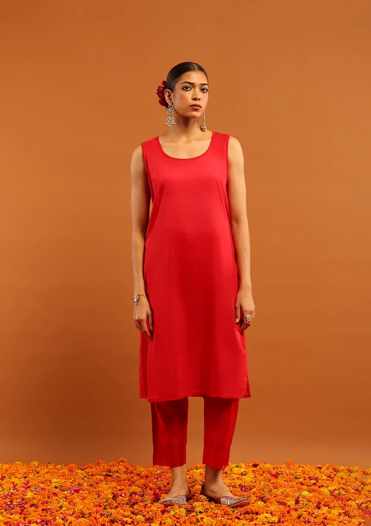 Karisma Chanderi Chikankari Solid Women's 4 PC Long Kurta Set with dupatta - Red - Healthber