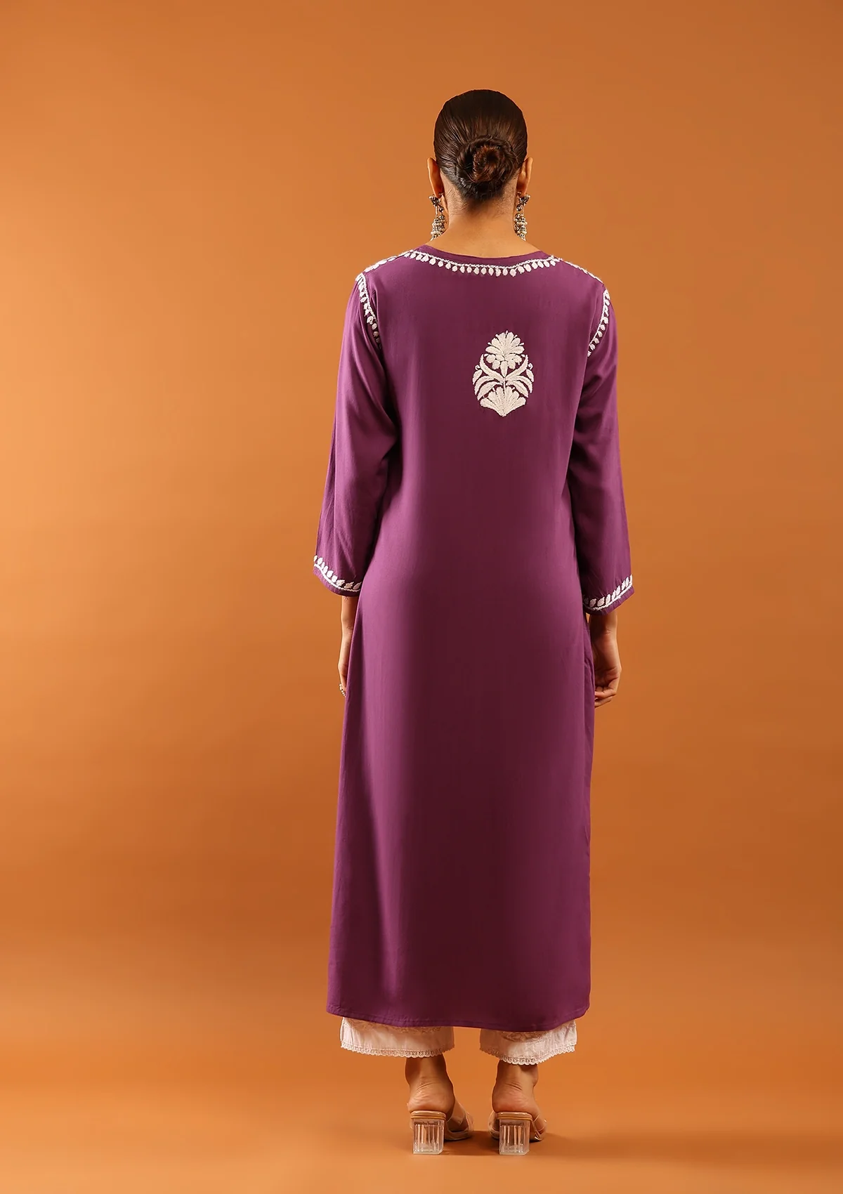 HOC Rayon Chikankari Solid Women's Long Kurta -Dark Purple - Healthber