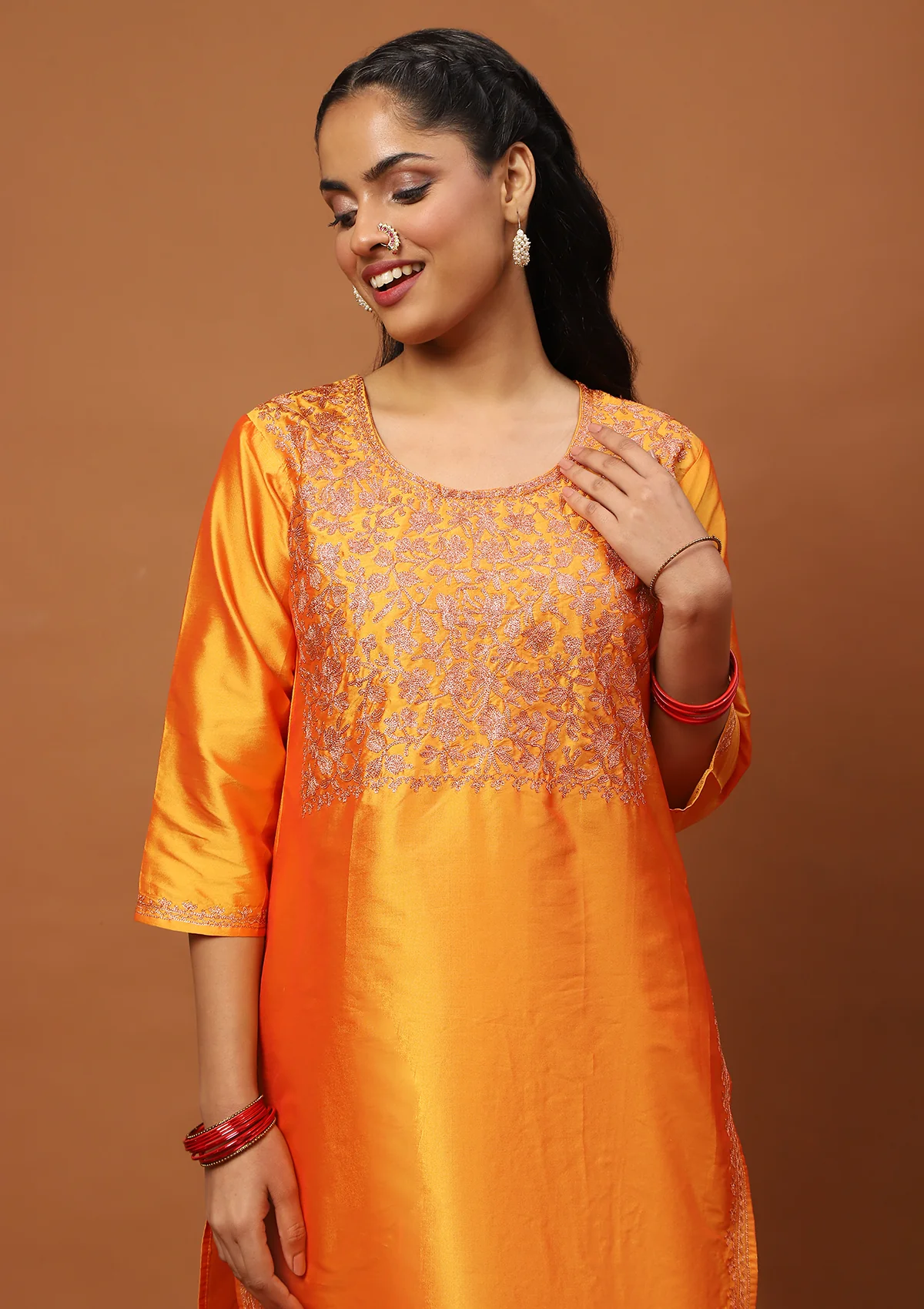 HOC Art Silk Embroidered Zari Work Solid Women's 2 PC Long Kurta Set - Mustard Yellow - Healthber