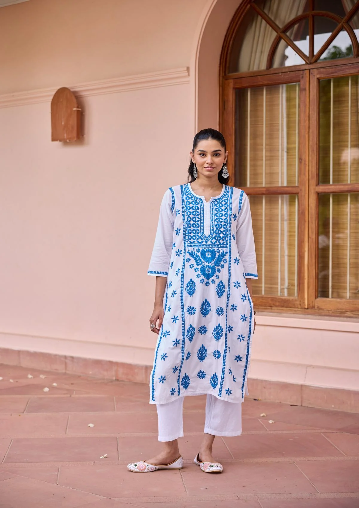 HOC Cotton Chikankari Solid Women's Long Kurta - White - Healthber