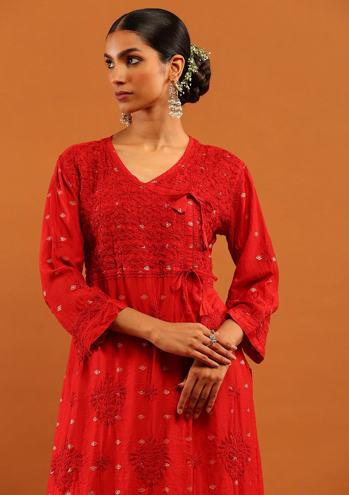 HOC Banarasi Chanderi Chikankari Solid Women's Long Angrakha Kurta-Red - Healthber
