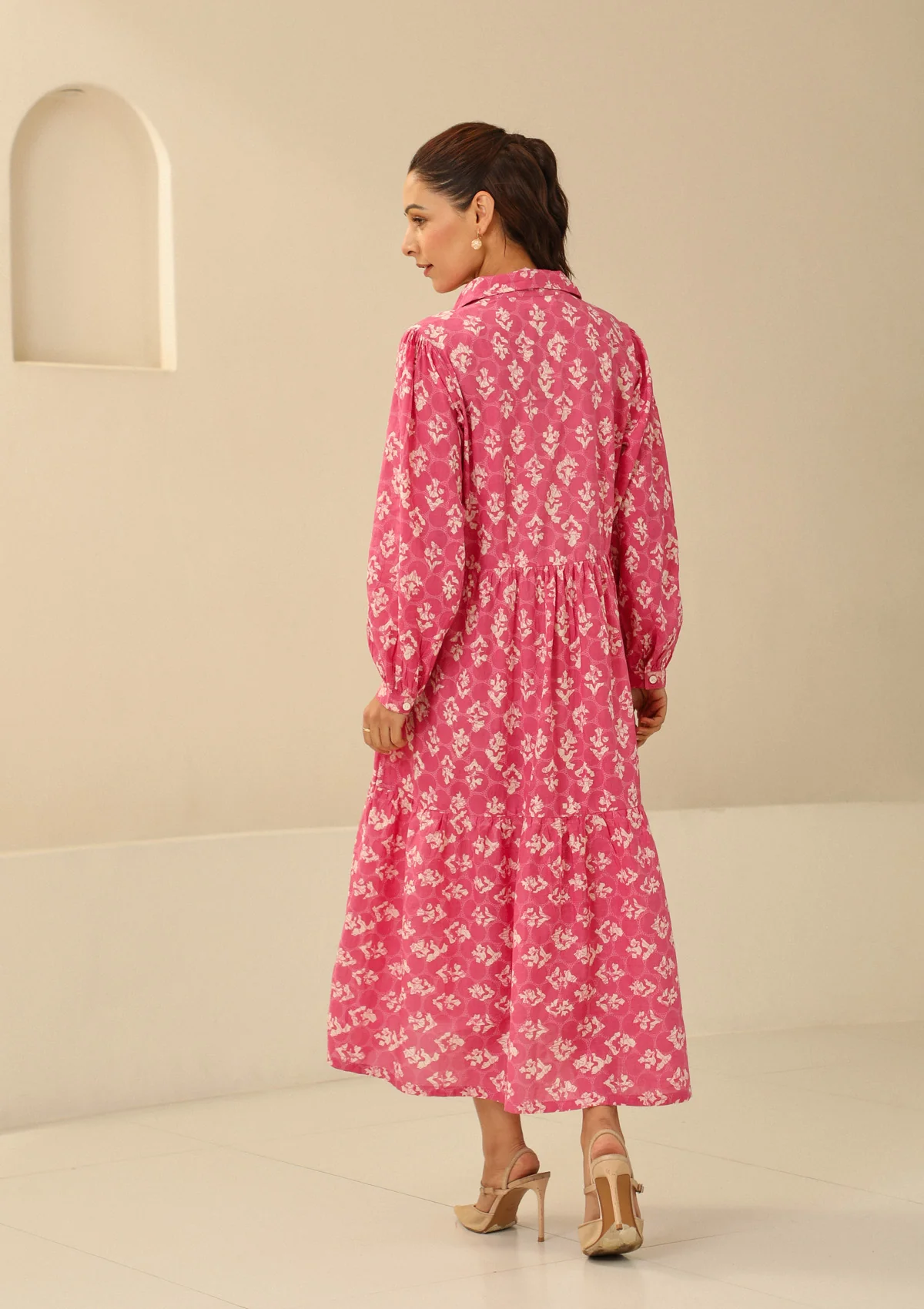 HOC Cotton Chikankari Printed Women's Long Dress - Pink - Healthber