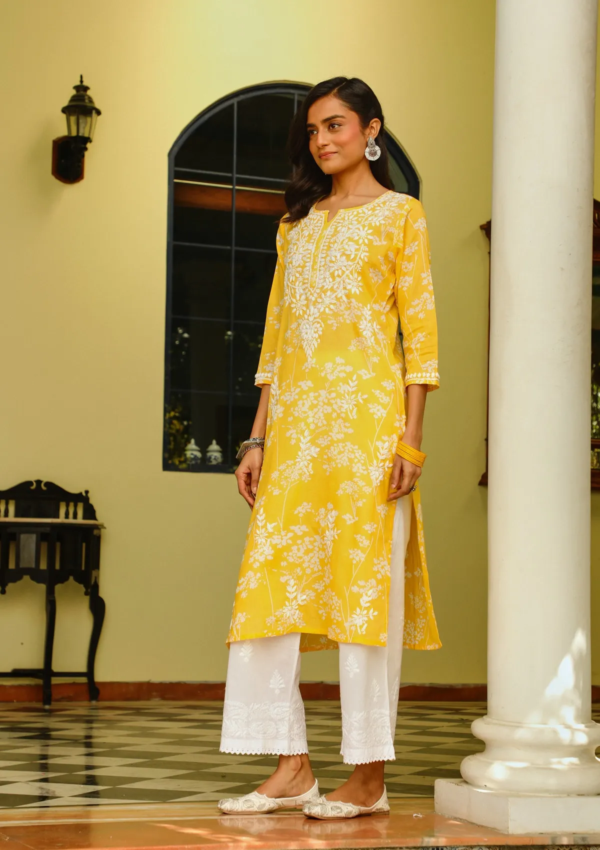 HOC Zainab Chikankari Mulmul Printed Straight Kurta -Yellow - Healthber