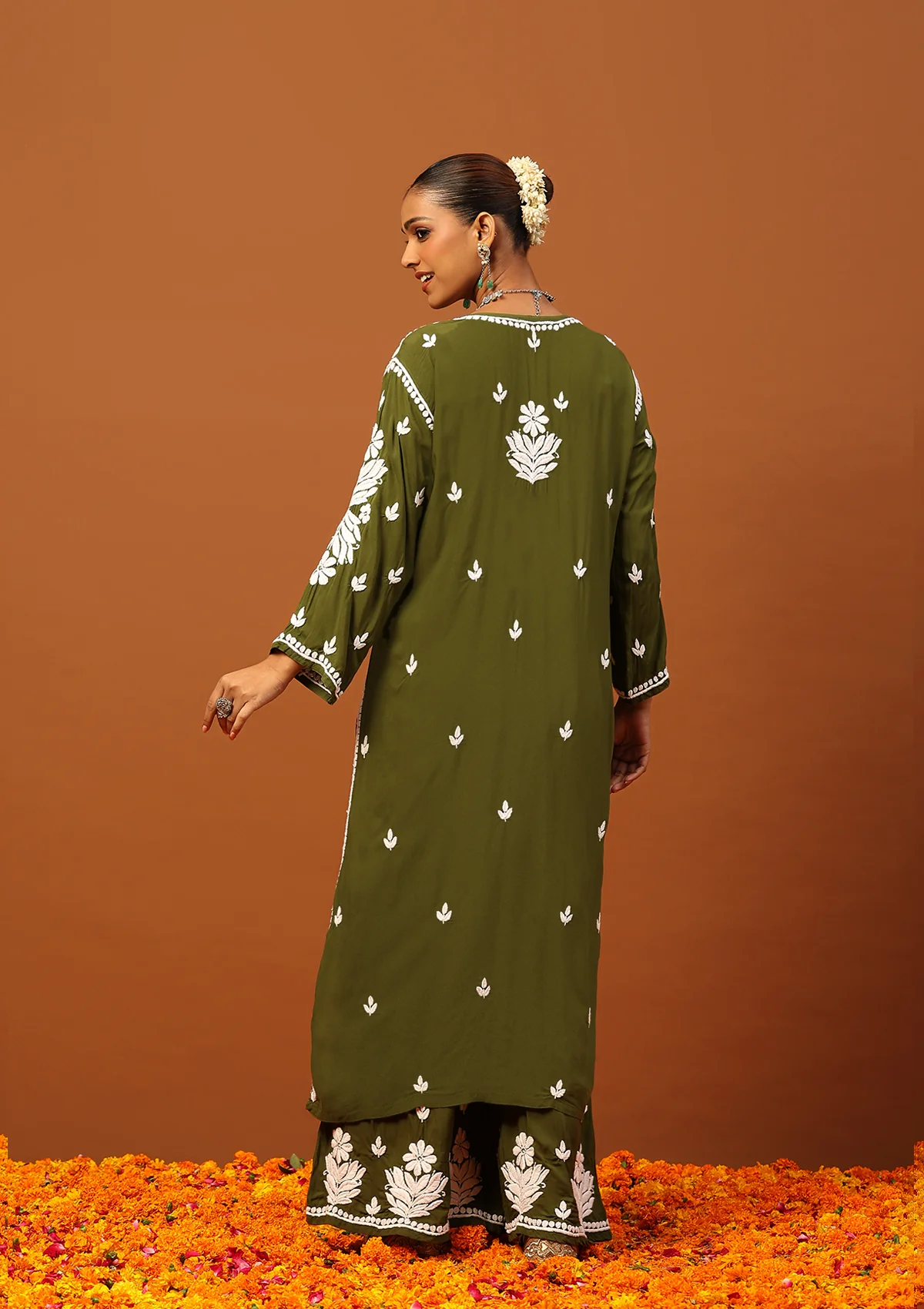 HOC Modal Chikankari Solid Women's 2 PC Long Kurta Set -Olive Green - Healthber