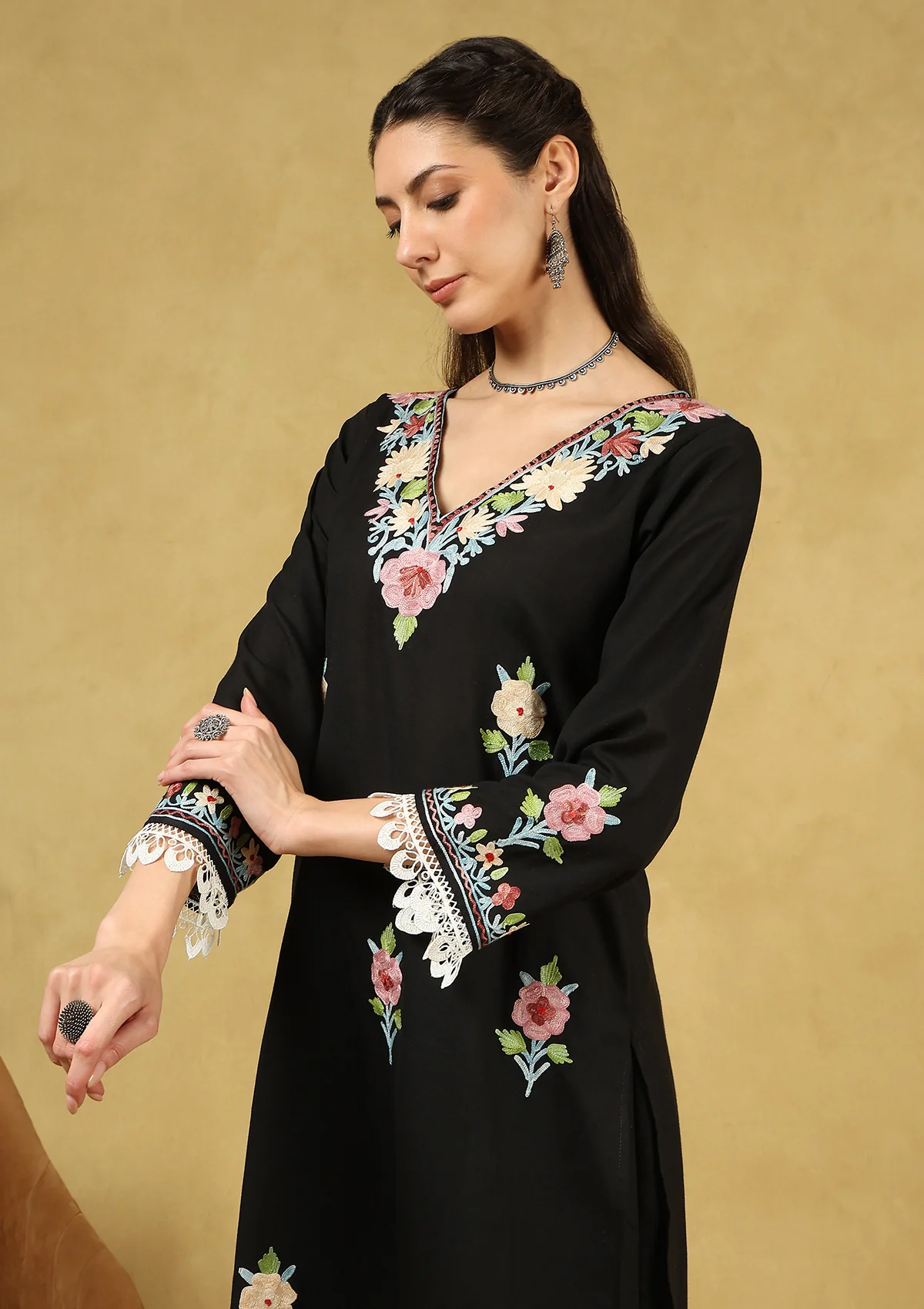 HOC Cotton Aari Embroidered Solid Women's 3 PC Long Kurta Set with Dupatta - Black - Healthber