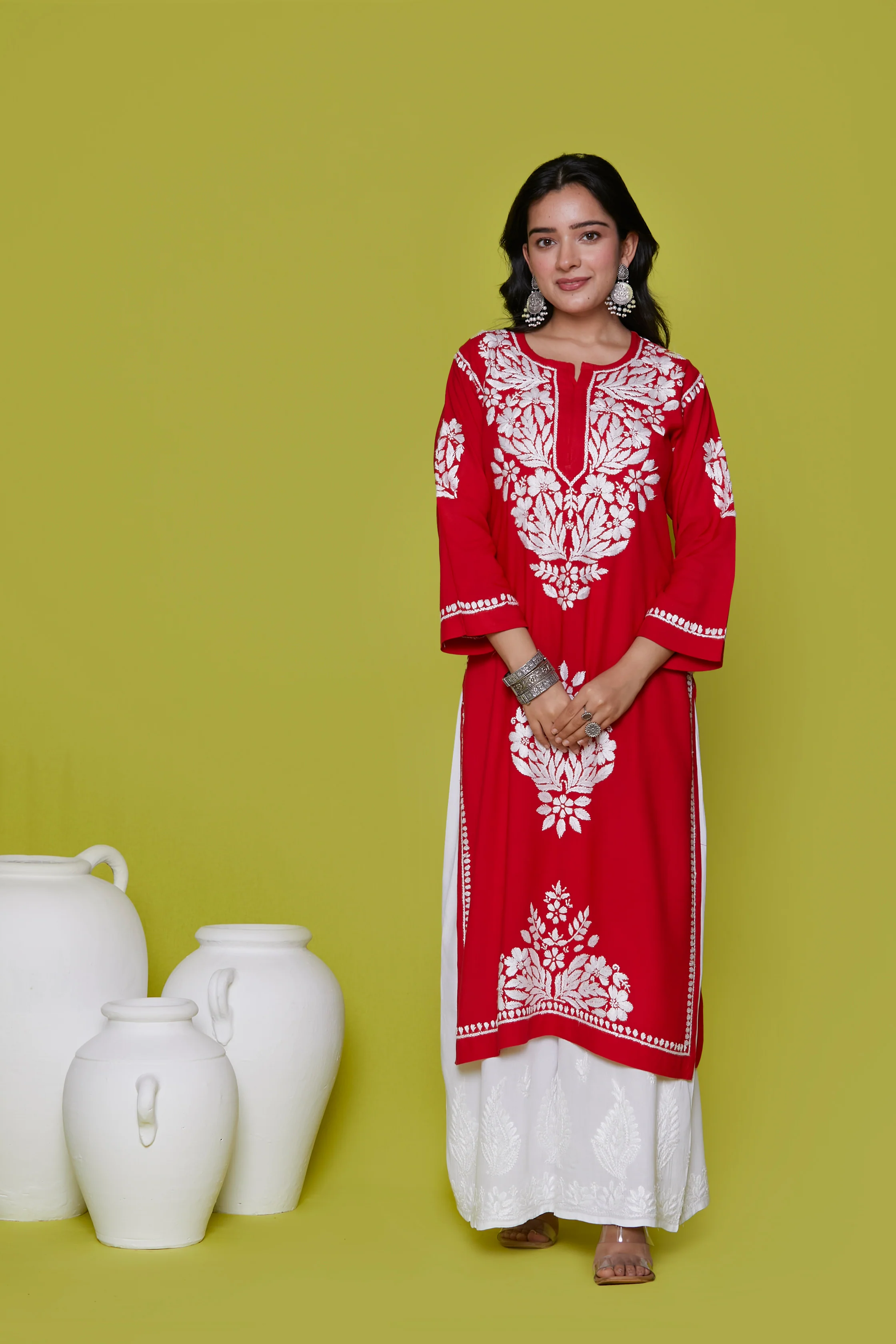 Rayon Chikankari Solid Women's Long Kurta - Red - Healthber