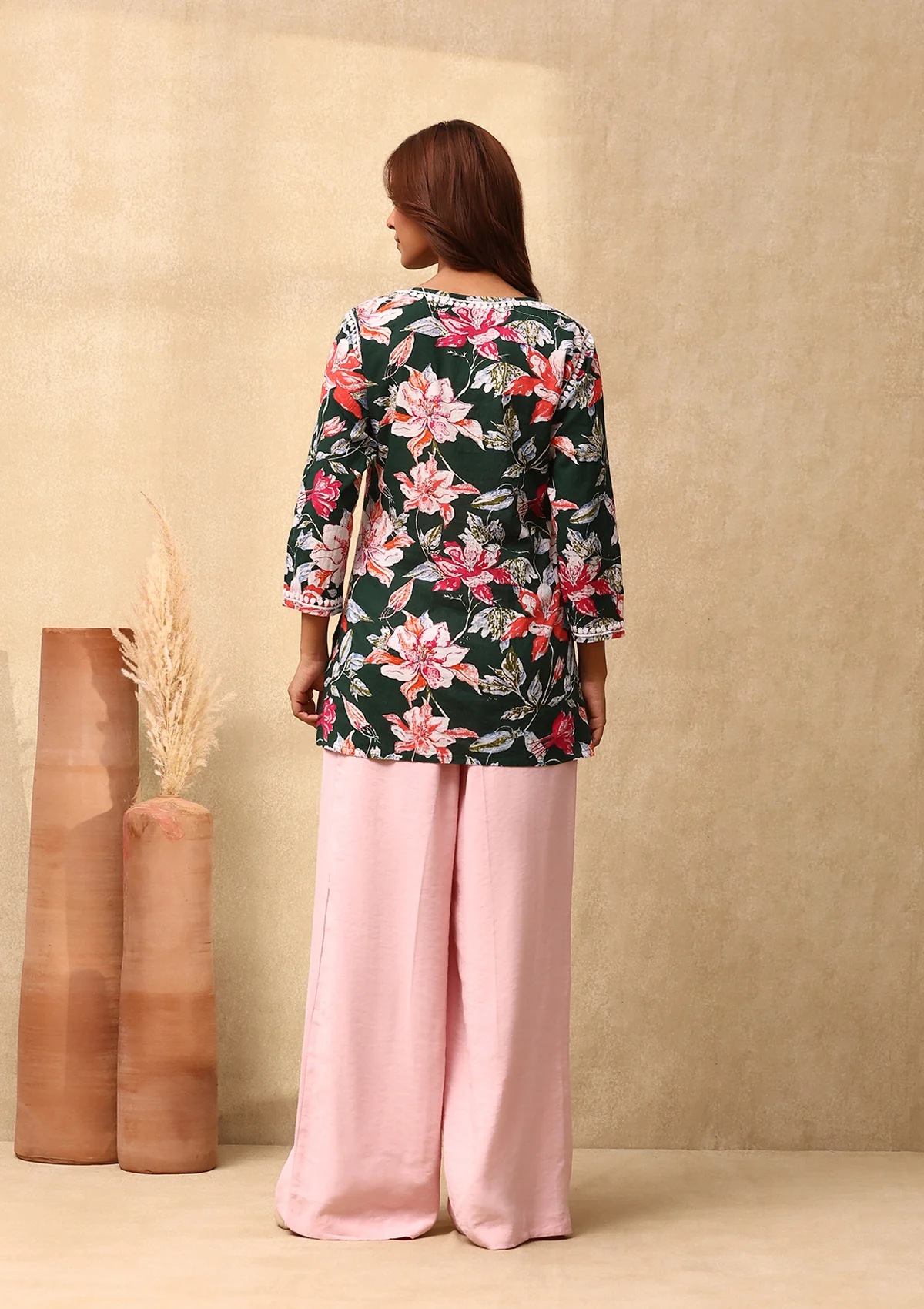 HOC Cotton Chikankari Printed Women's Short Kurta - Green - Healthber