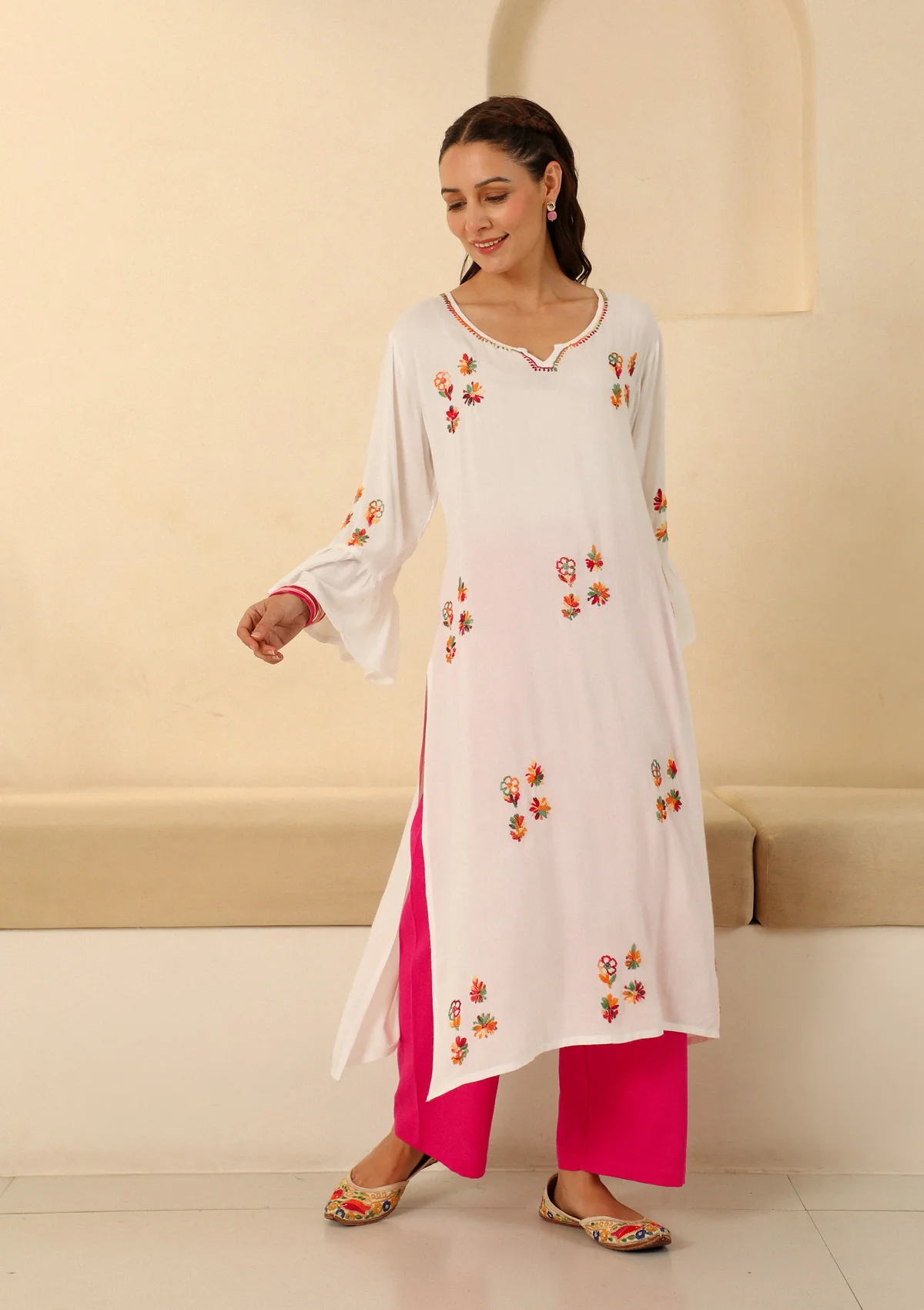 HOC Rayon Chikankari Solid Women's long kurta - White - Healthber