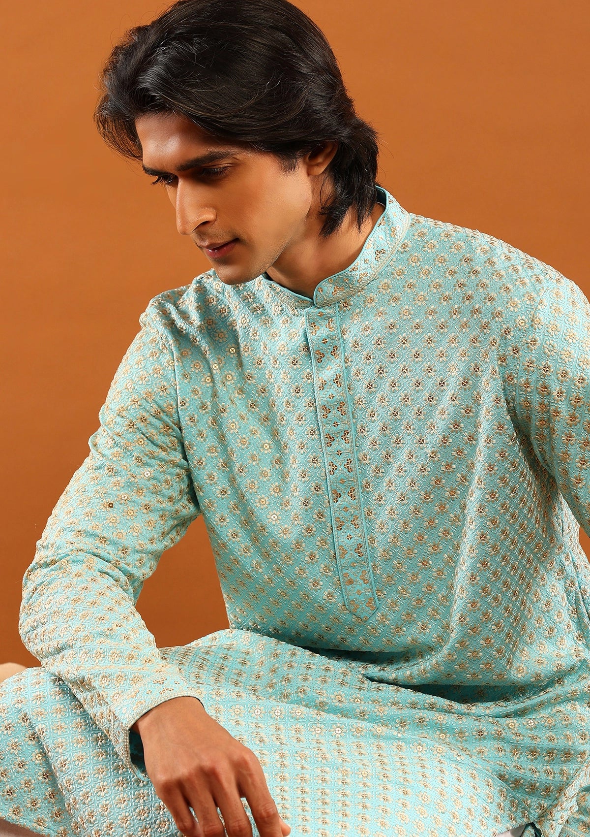 HOC Rayon Embroidered With Sequins Solid Men's Long Kurta- Aqua Blue - Healthber