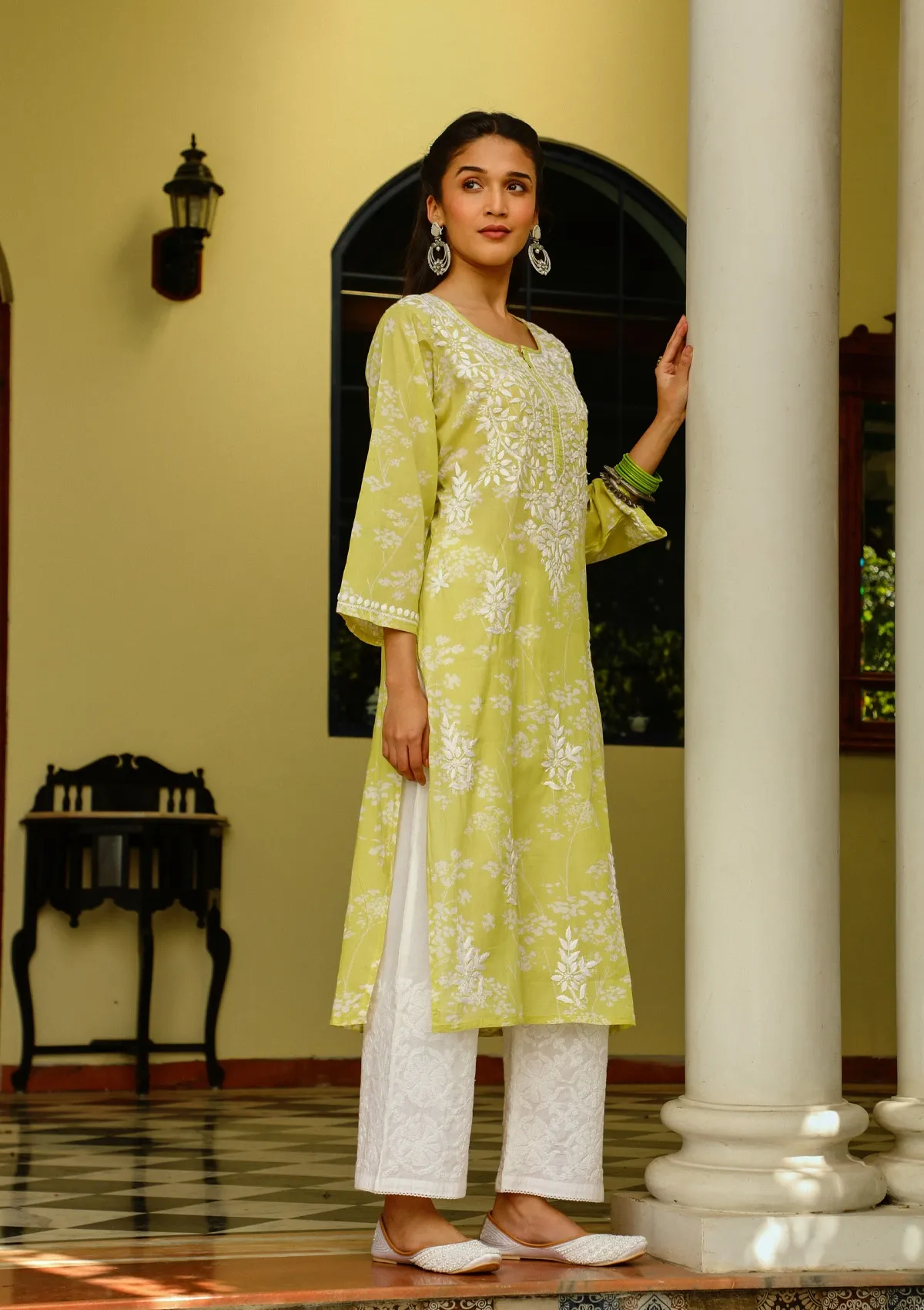 HOC Zainab Chikankari Mulmul Printed Straight Kurta -Green - Healthber