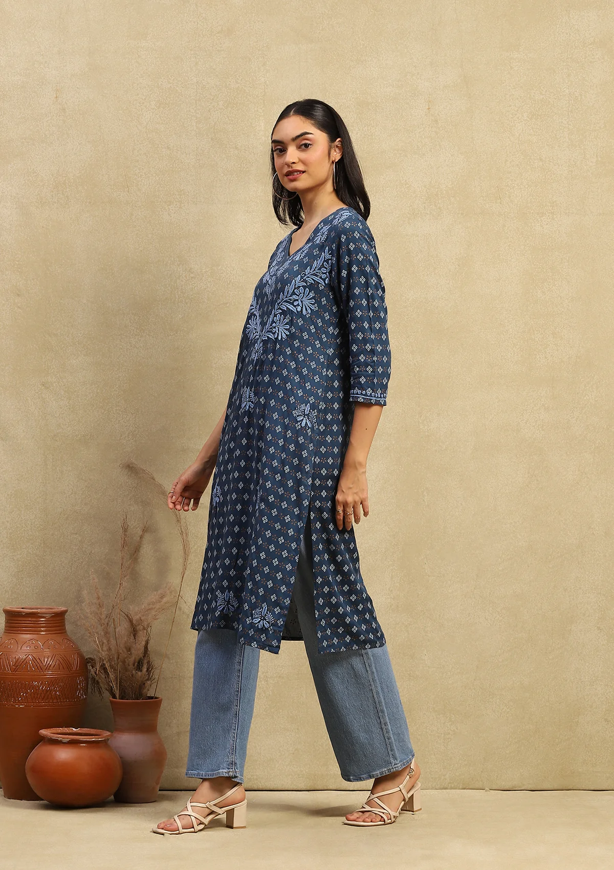 HOC Rayon Chikankari Printed Women's Long Kurta - Navy Blue - Healthber