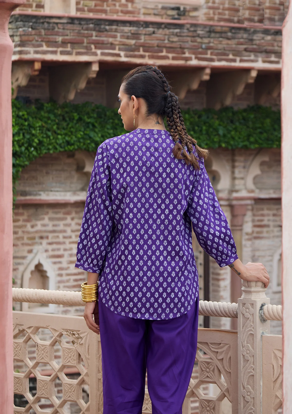 HOC Glazed Cotton Hand Block Printed with Hand Embroidery Women's 2 PC Co-ord Set - Dark Purple - Healthber