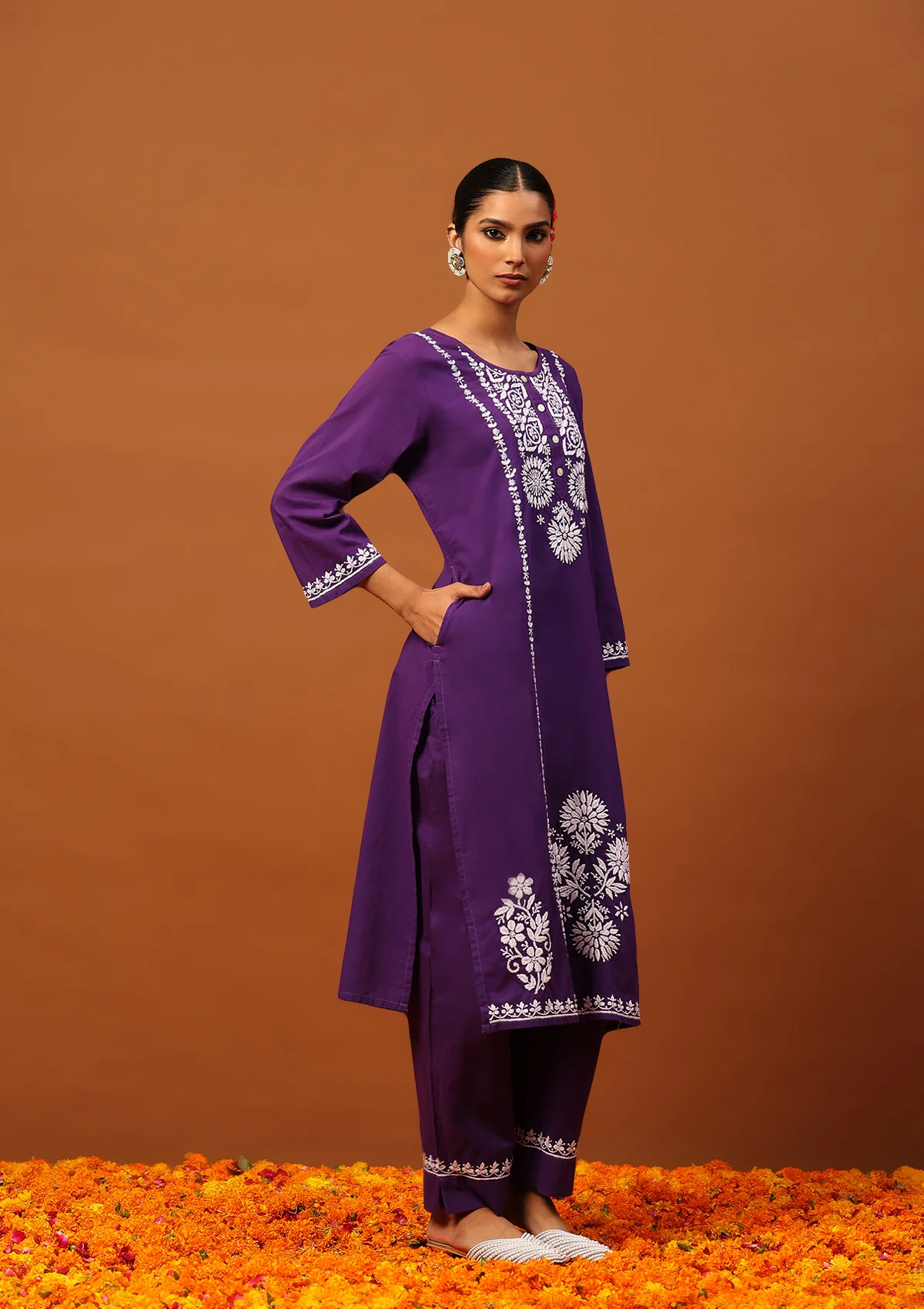 HOC Cotton Chikankari Solid Women's 2 PC Long Kurta Set-Purple - Healthber