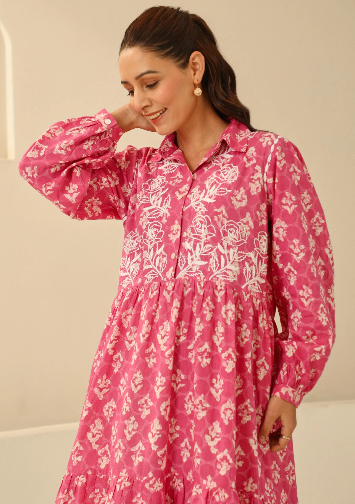 HOC Cotton Chikankari Printed Women's Long Dress - Pink - Healthber