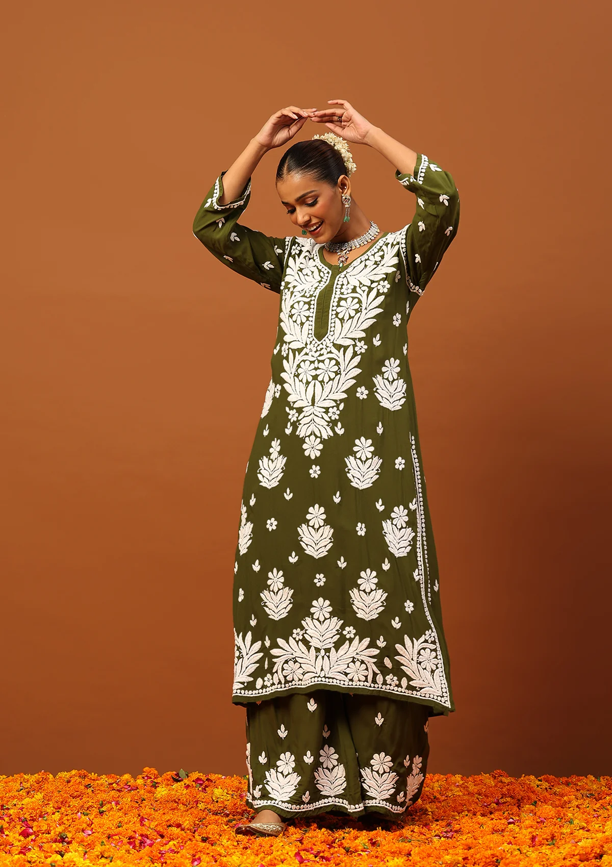 HOC Modal Chikankari Solid Women's 2 PC Long Kurta Set -Olive Green - Healthber