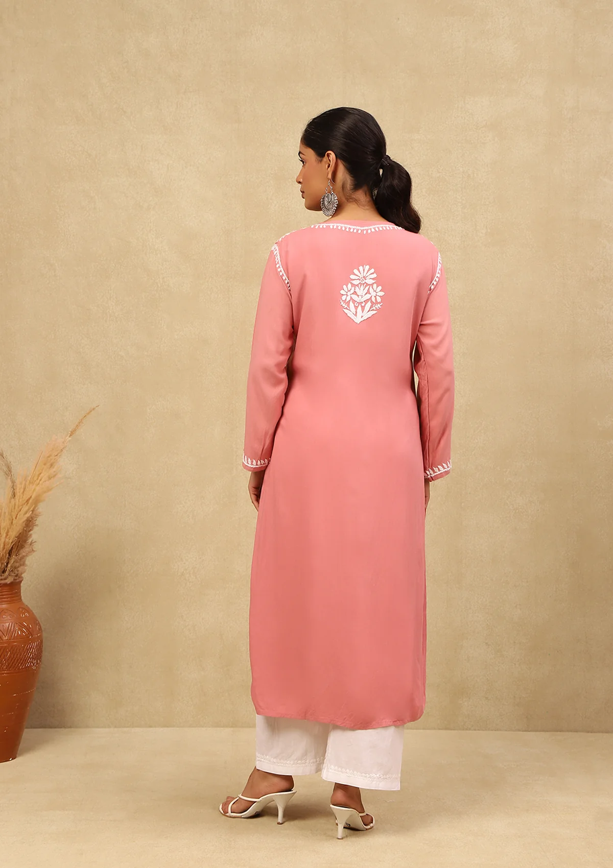 HOC Rayon Chikankari Solid Women's Long Kurta -Dust Pink - Healthber