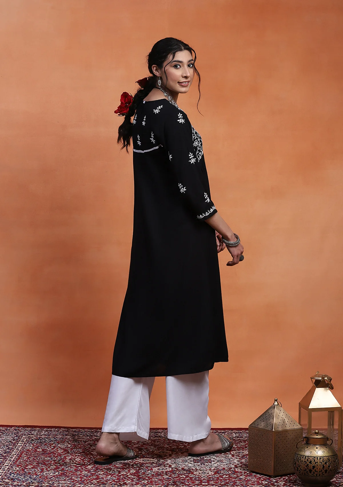 HOC Rayon Chikankari Solid Women's Long Kurta  - Black - Healthber