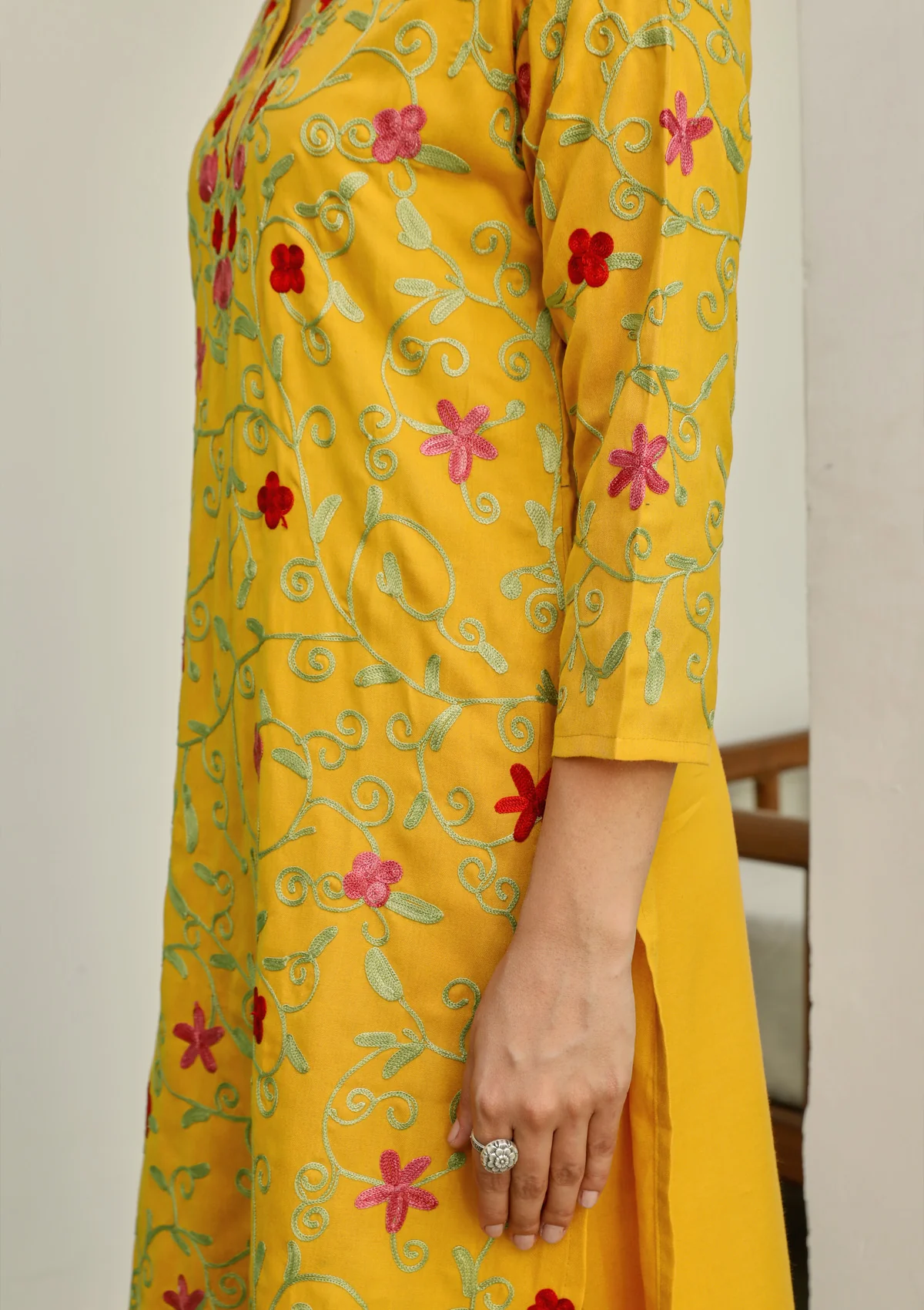 HOC Aari Embroidered Cotton Solid Women's 2PC Long Kurta Set - Mustard Yellow - Healthber