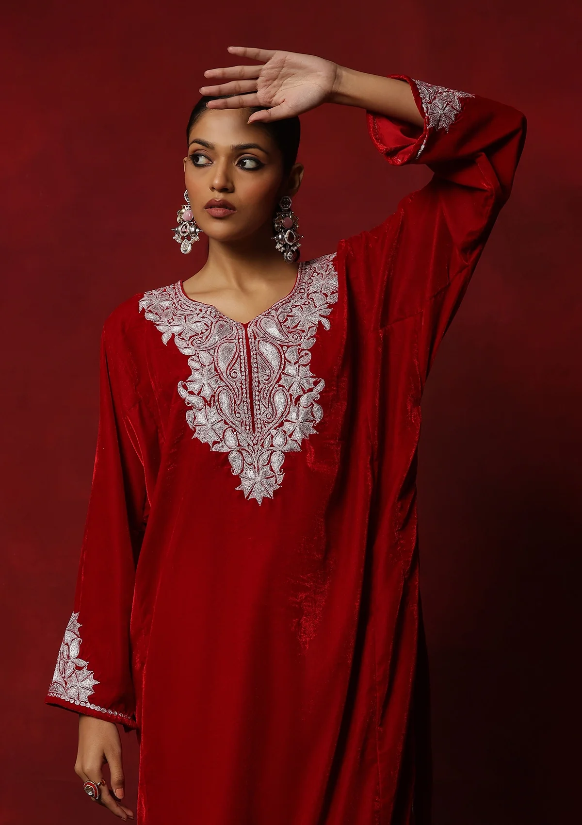 HOC Kashmiri Velvet Tilla Embroidered Solid Women's 2 PC Phiran Set -Red - Healthber