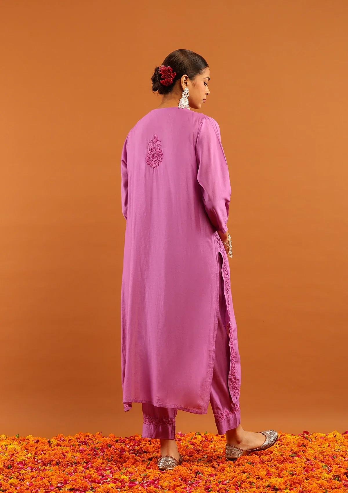 HOC Chanderi Chikankari Solid Women's 2 PC Long Kurta Set - Purple - Healthber