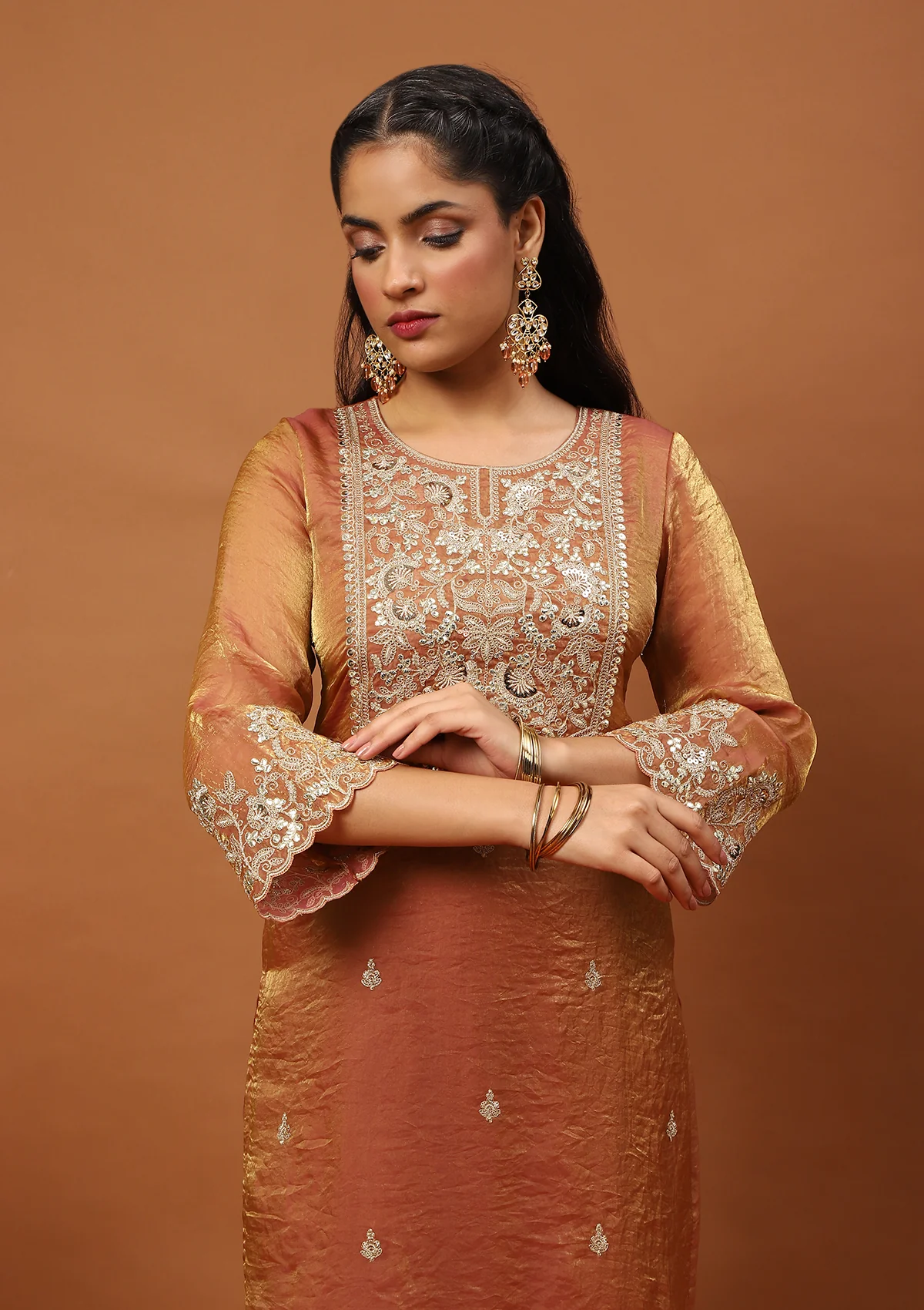 HOC Satin Tissue Silk Zardozi with Sequins Solid Women  s 3 PC Straight Kurta Set - Copper - Healthber