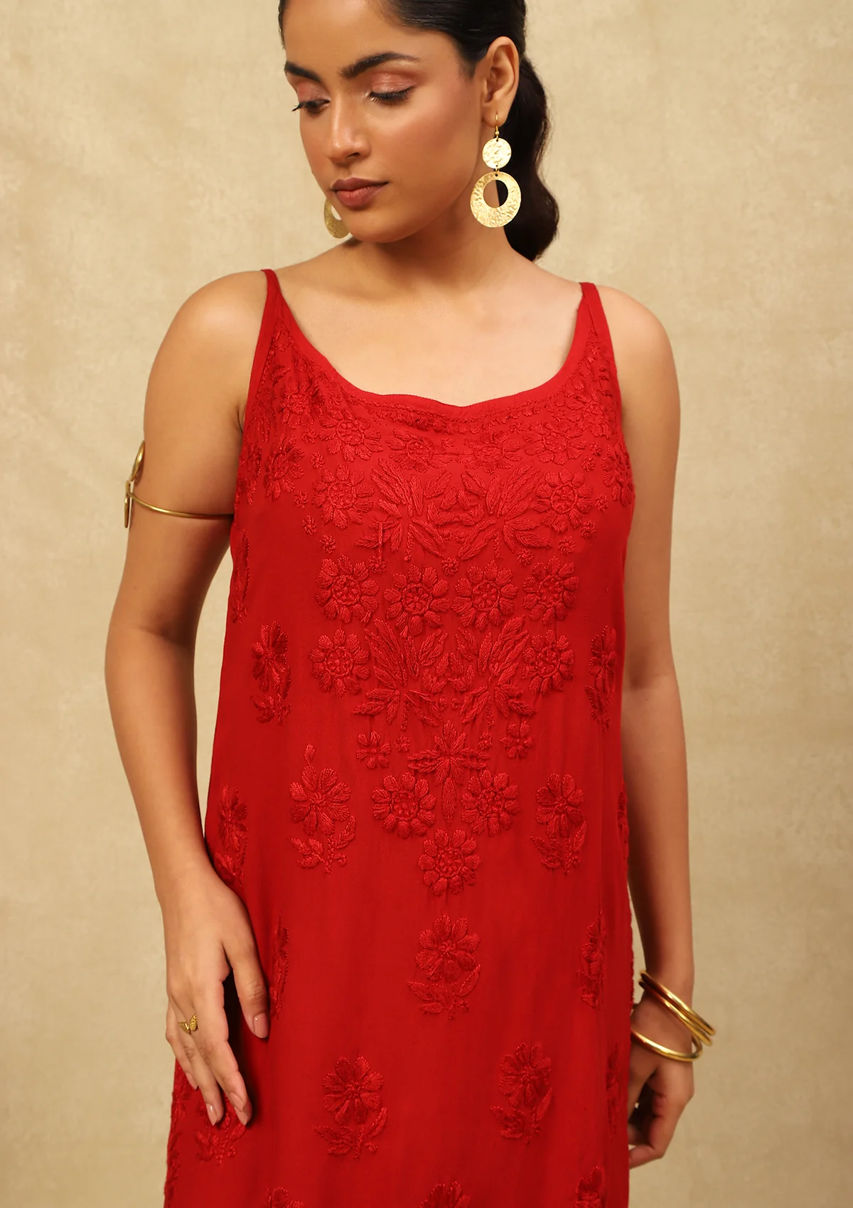 HOC Rayon Chikankari Solid Women's Short Kurta  C Red - Healthber