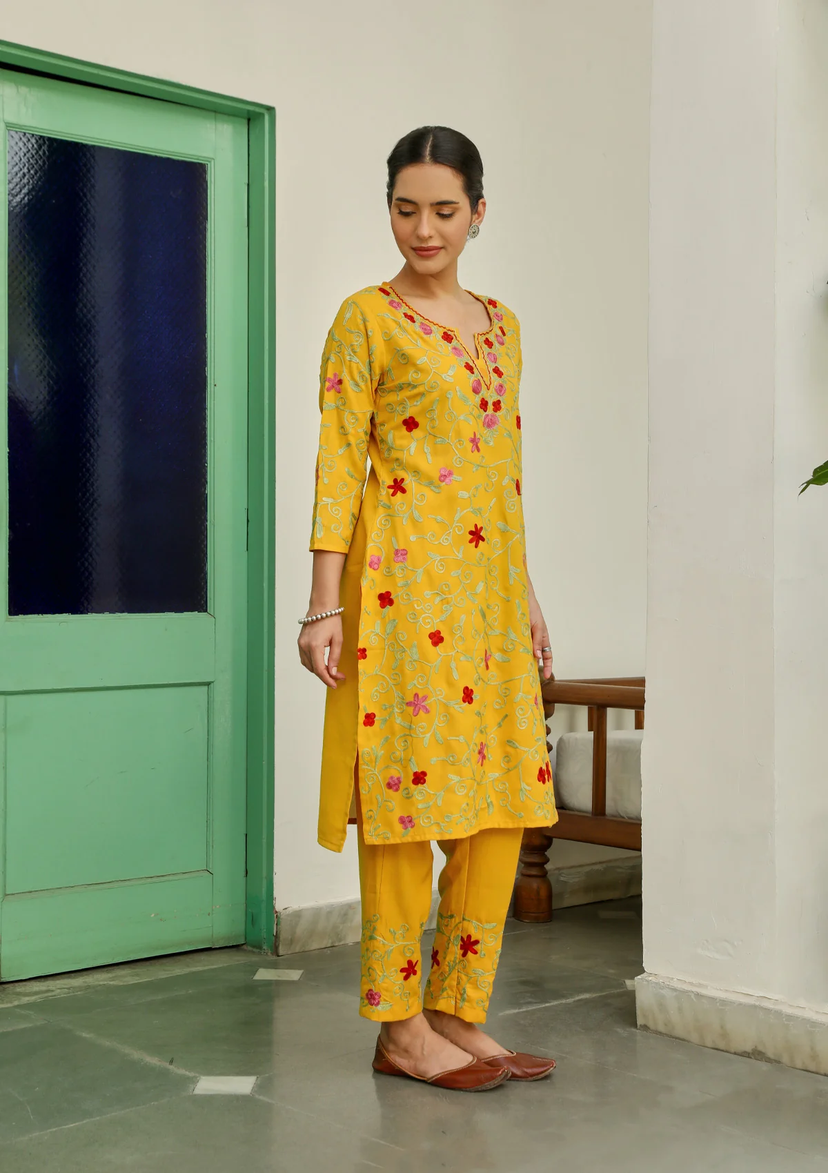 HOC Aari Embroidered Cotton Solid Women's 2PC Long Kurta Set - Mustard Yellow - Healthber