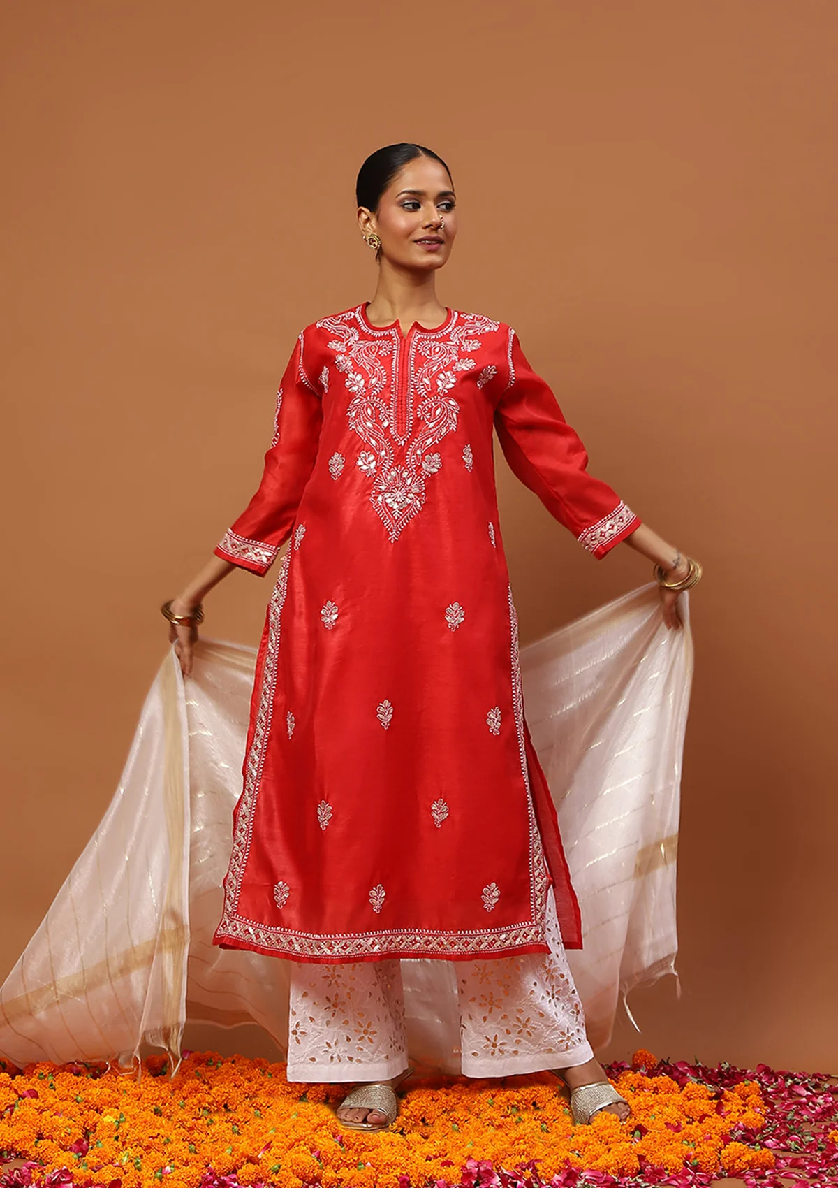 HOC Chanderi Chikankari Gota Work Solid Women's 4 PC Long Kurta Set-Red - Healthber