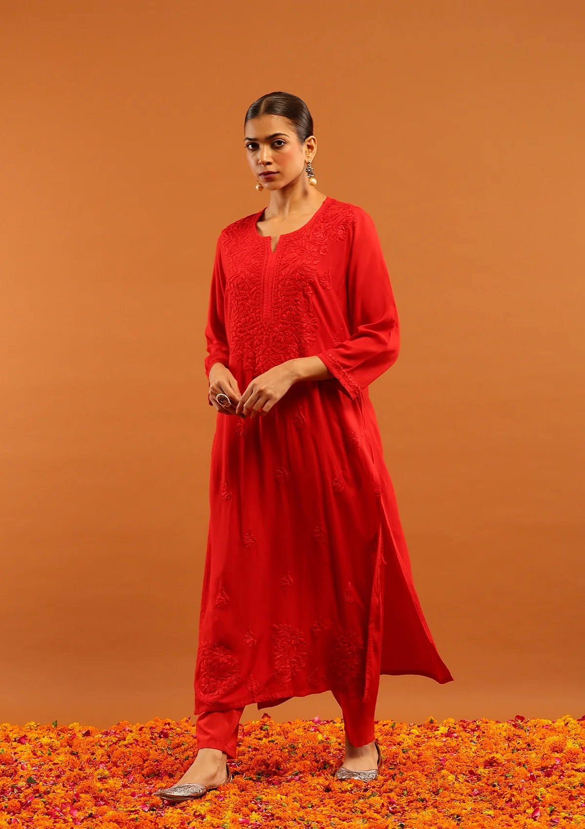 HOC Rayon Chikankari Solid Women's Long Kurta-Red - Healthber
