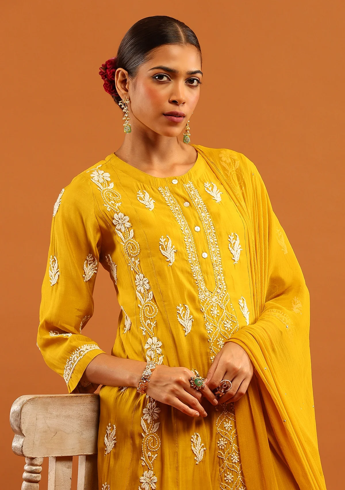 HOC Chanderi Chikankari Solid Women's 3 PC Anarkali Kurta Set-Yellow - Healthber