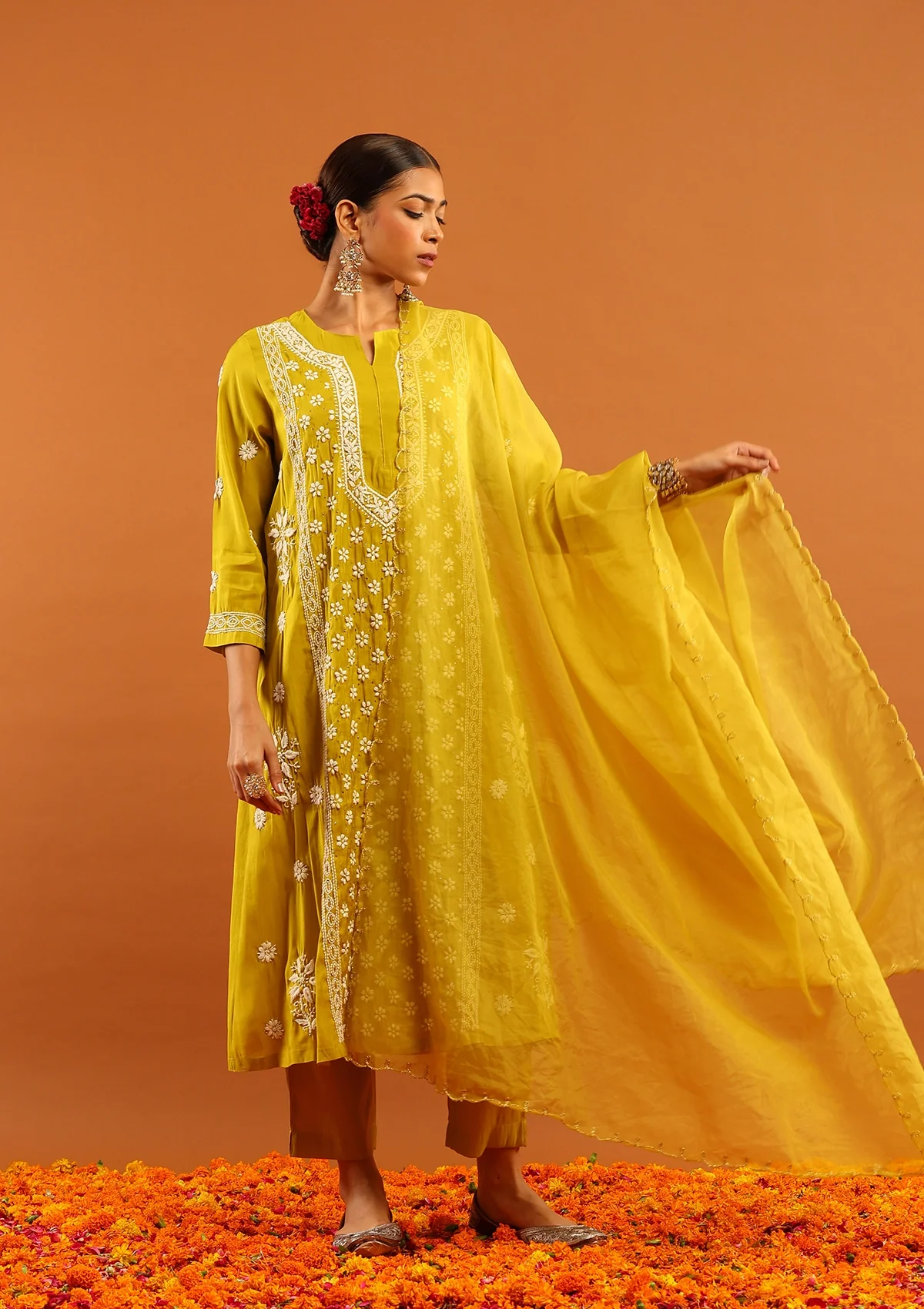 HOC Chanderi Chikankari Solid Women's 3 PC Long Kurta Set-Green - Healthber