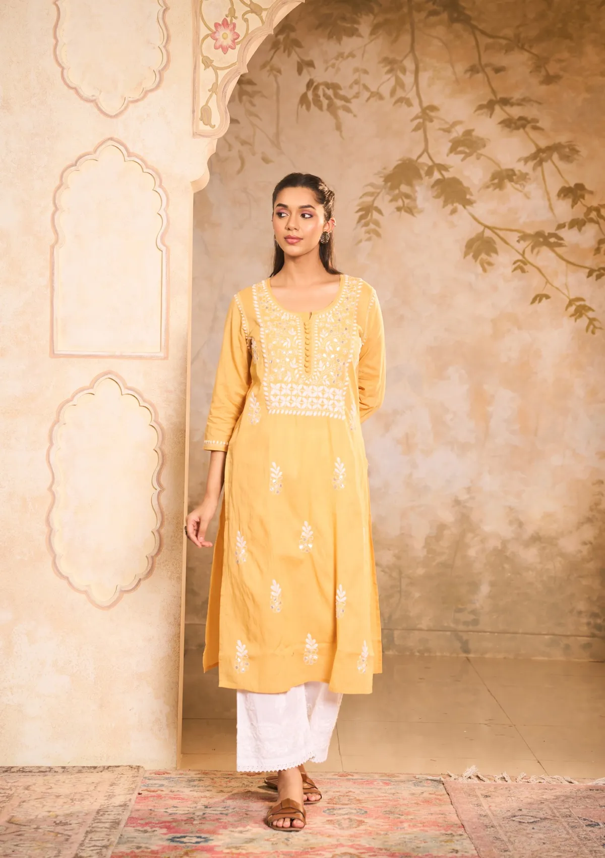 HOC Cotton Chikankari Gota Work Solid Women's Long Kurta -Yellow - Healthber