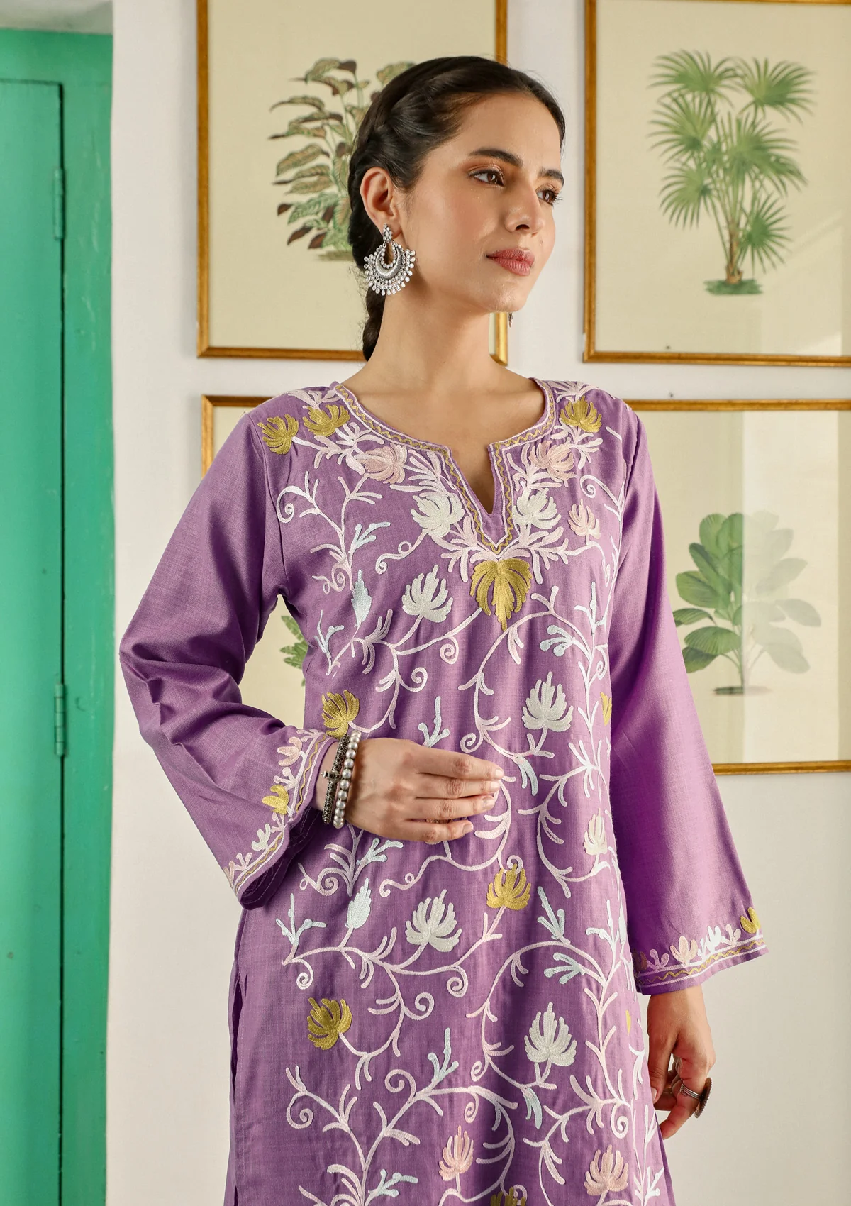 HOC Cotton Aari Embroidered Solid Women's 3 PC Long Kurta Set with Dupatta -  Purple - Healthber