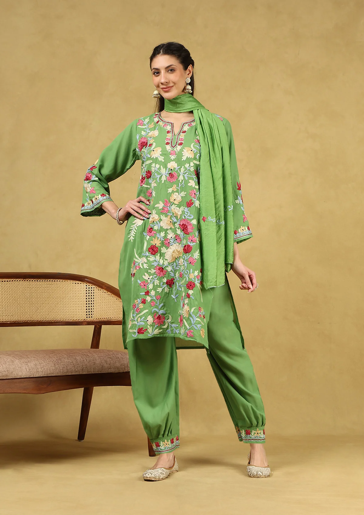HOC Cotton Aari Embroidered Solid Women's 3 PC Short Kurta Set with Dupatta - Parrot Green - Healthber