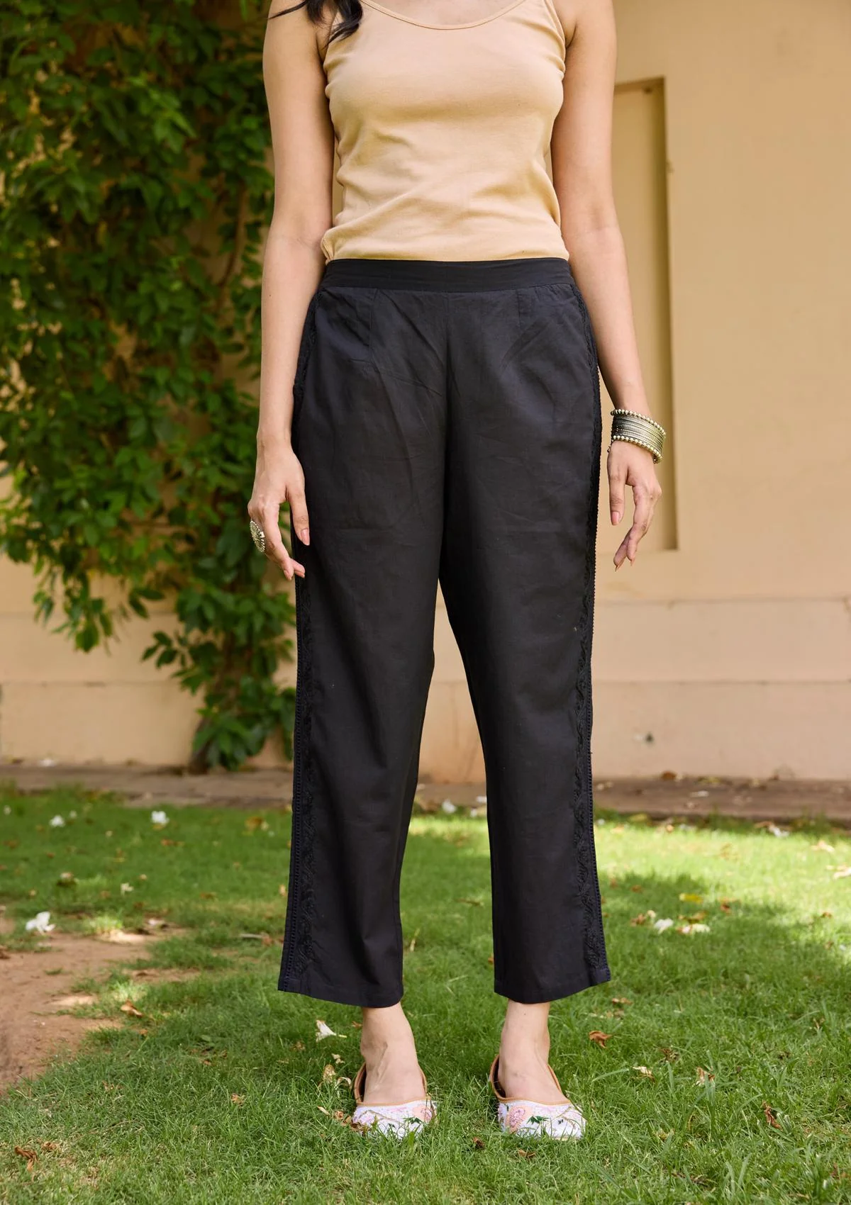 HOC Cotton Cambric Chikankari Women's Solid Pants - Black - Healthber