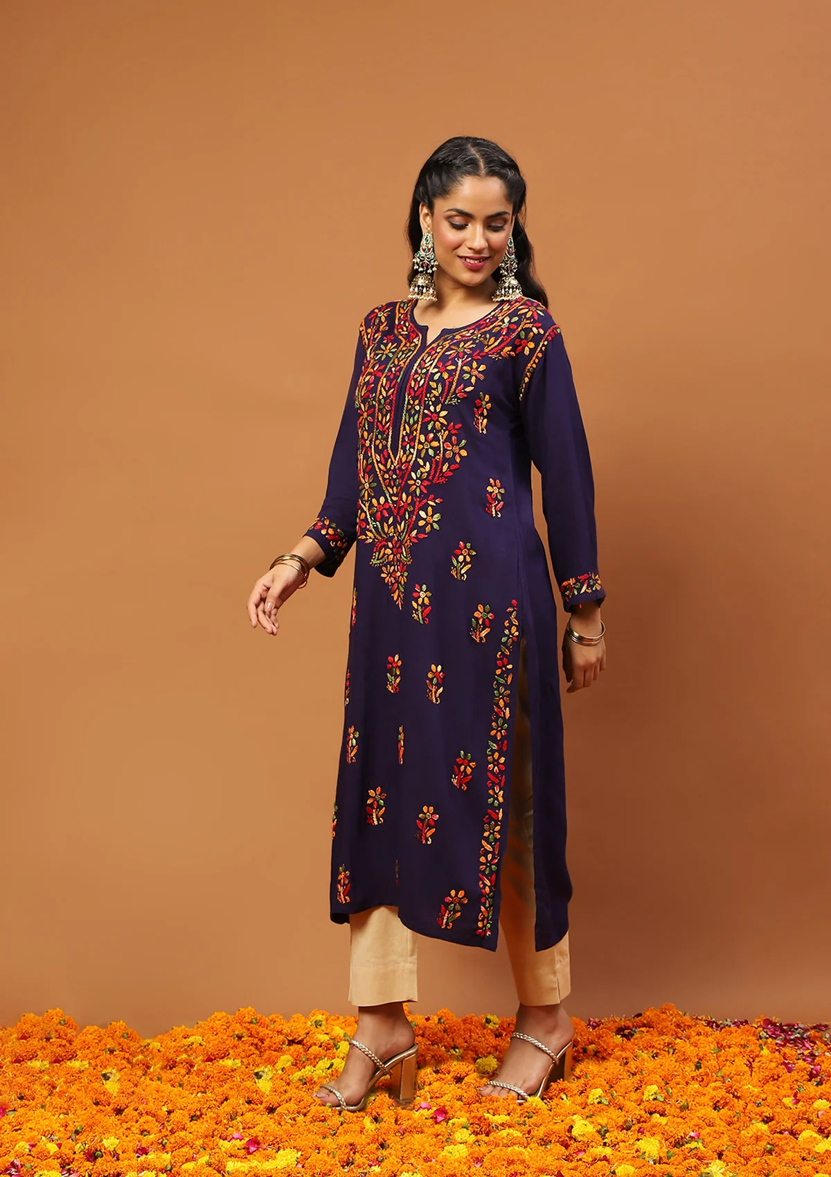 HOC Rayon Chikankari Solid Women's Long Kurta -Dark Blue - Healthber