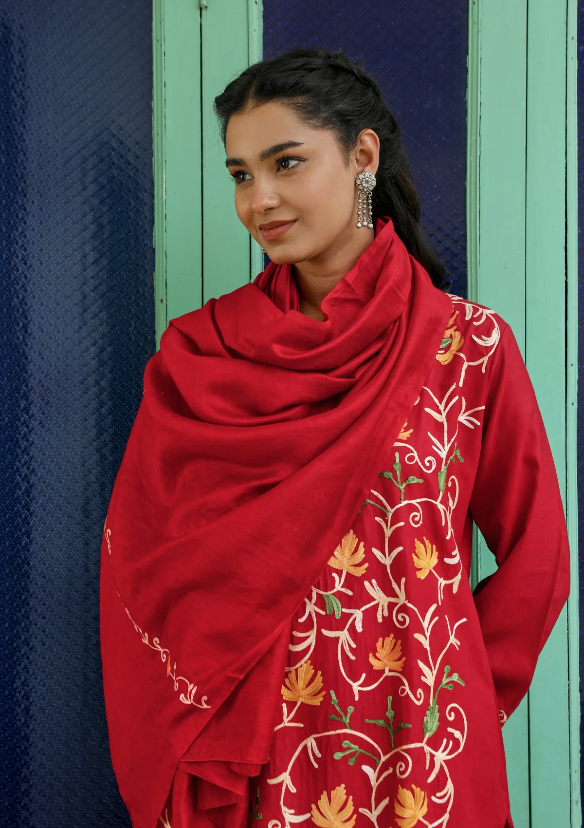 HOC Cotton Aari Embroidered Solid Women's 3 PC Long Kurta Set with Dupatta - Red - Healthber