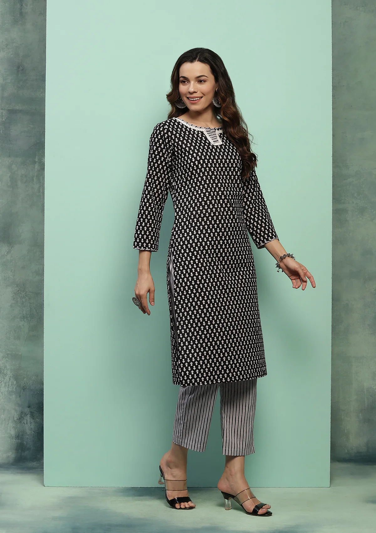 HOC Cotton Printed Women's 2 PC Long Kurta Set - Black - Healthber