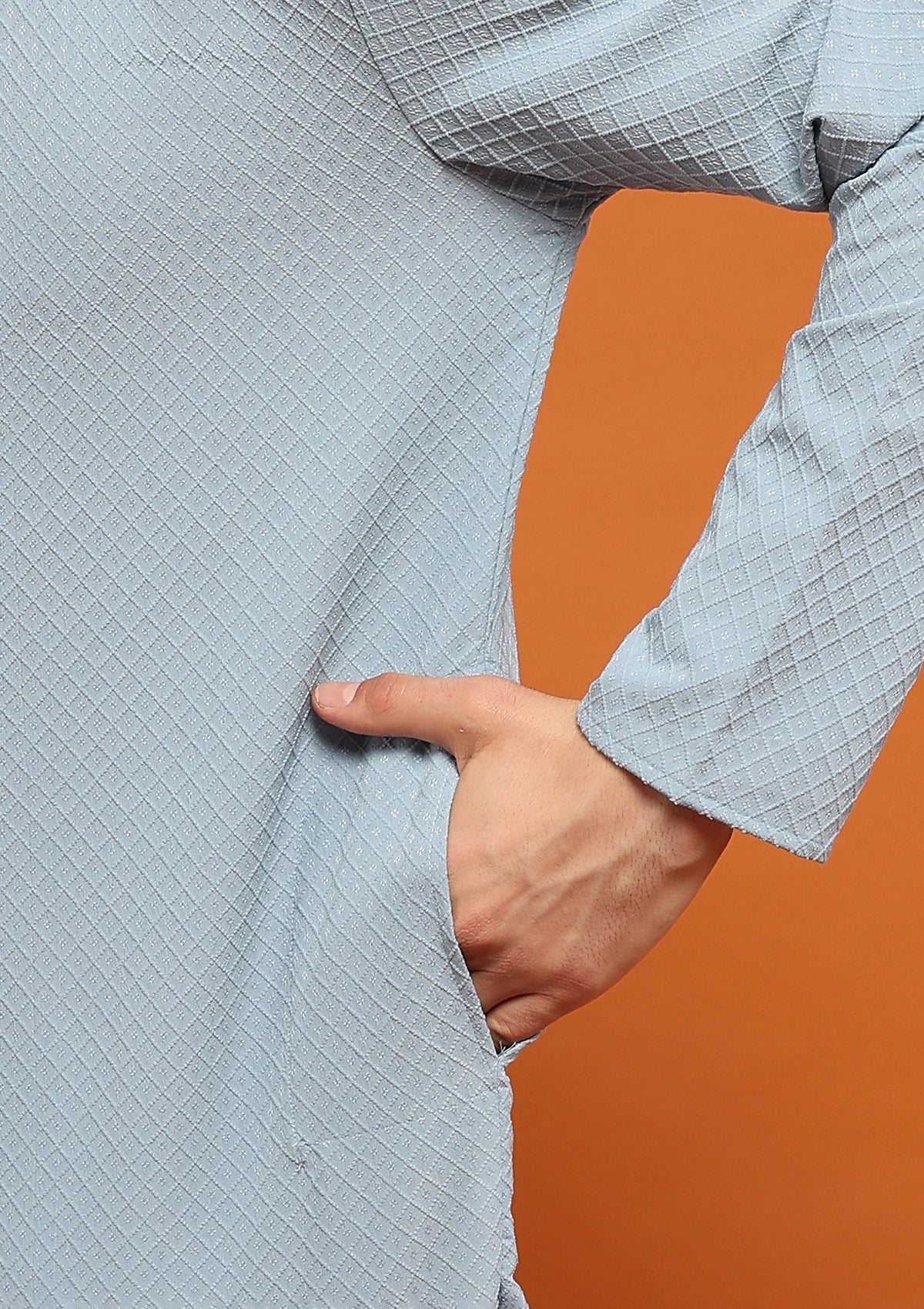 HOC Dobby Textured Solid Men's Long Kurta - Powder Blue - Healthber