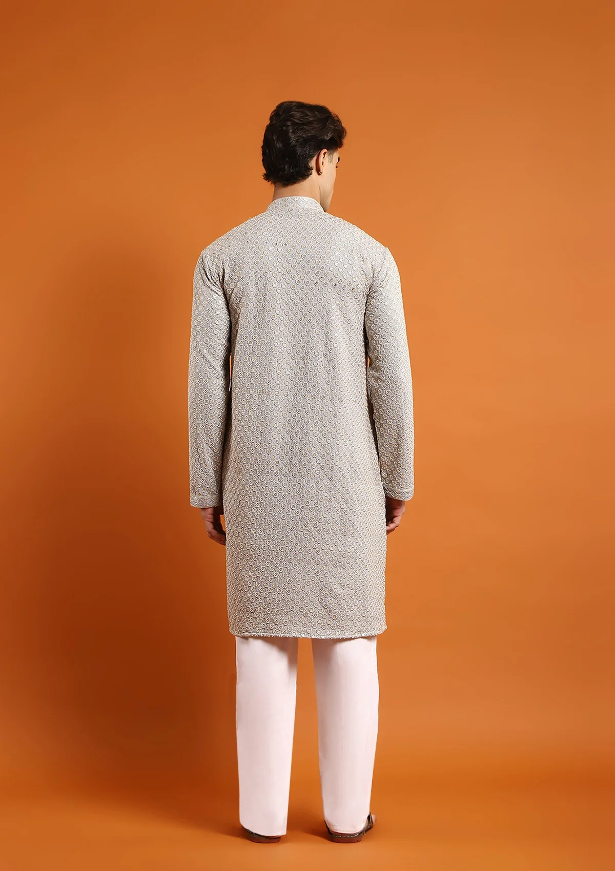 HOC Rayon Embroidered With Sequins Solid Men's Long Kurta- Light Grey - Healthber