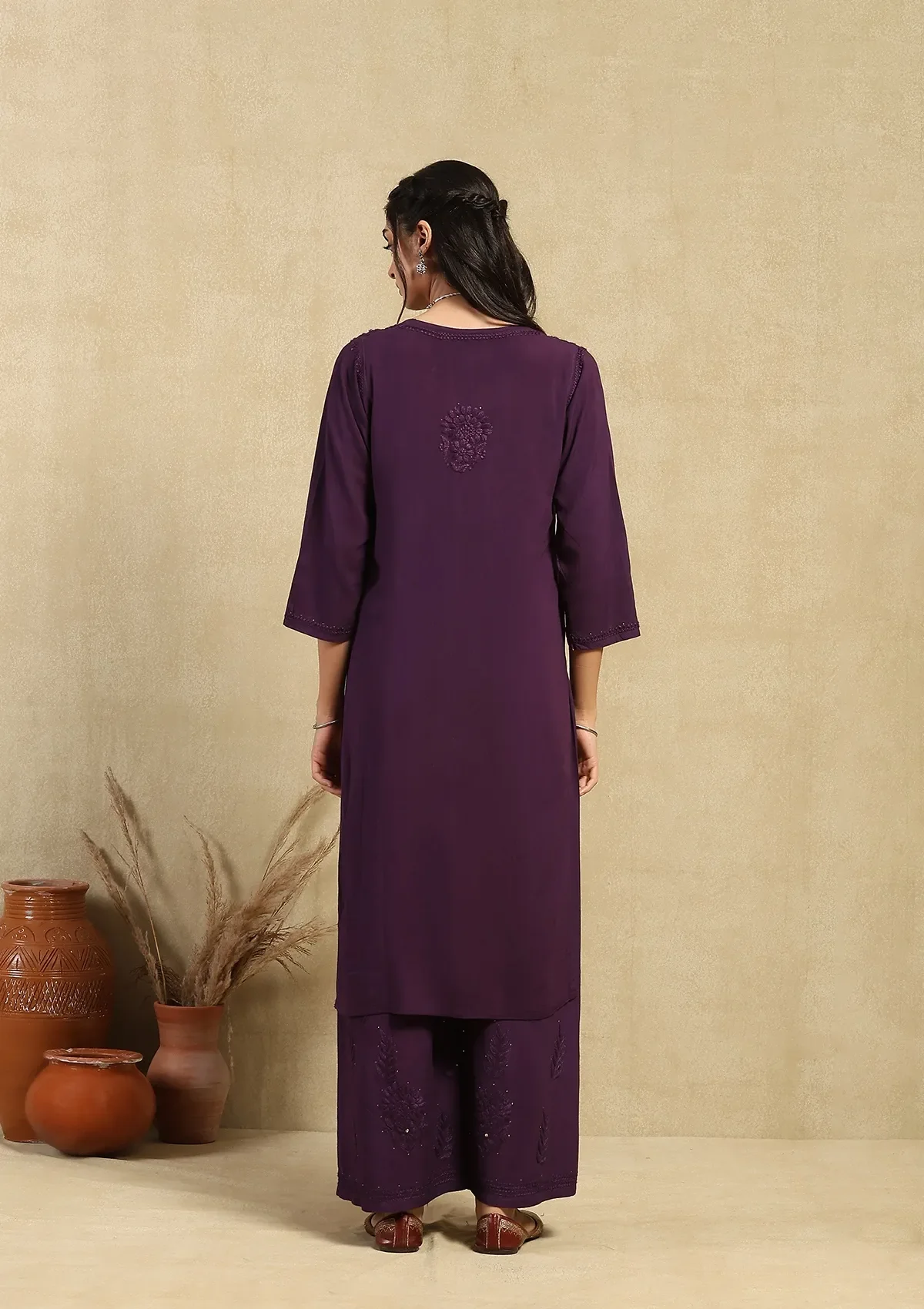 HOC Rayon Chikankari Mukaish Solid Women's 2PC Long Kurta Set -Dark Purple - Healthber