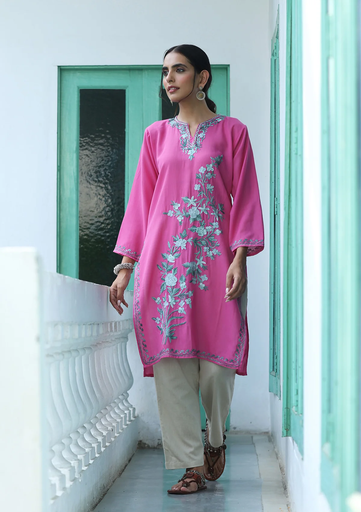HOC Aari Embroidered Cotton Solid Women's Long Kurta - Pink - Healthber