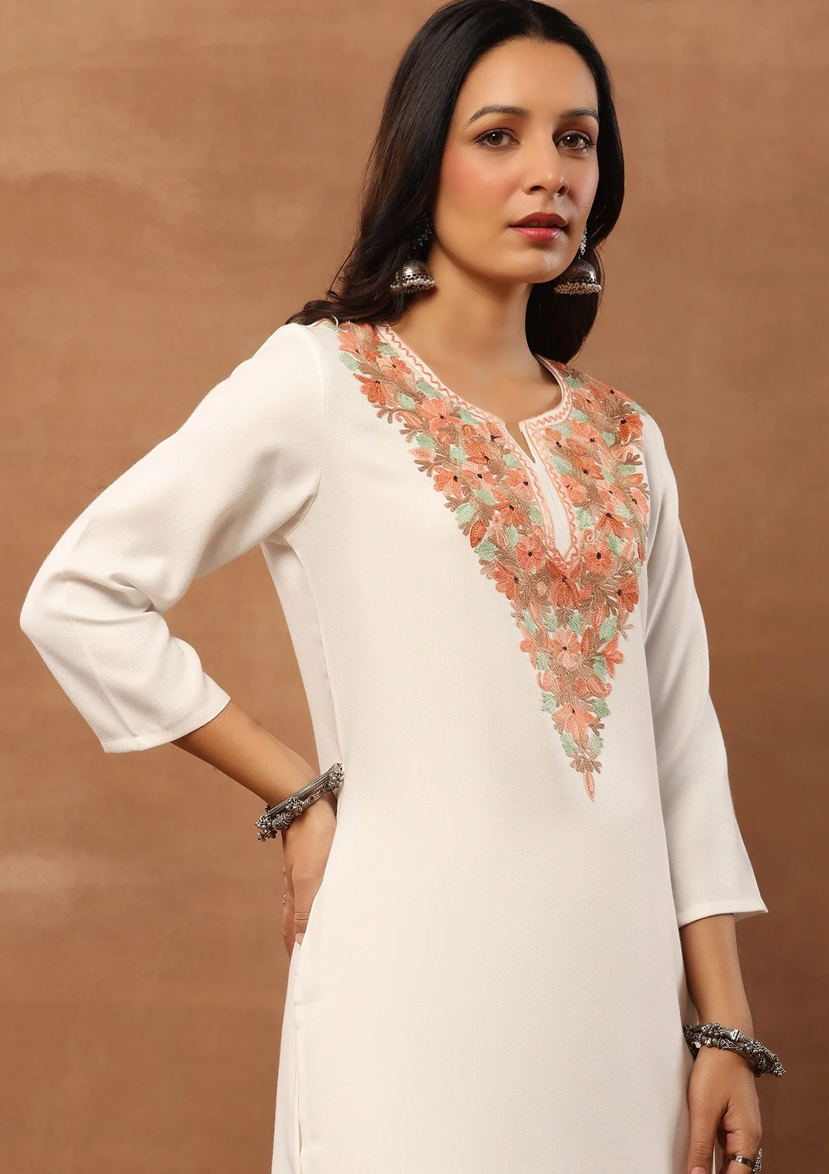 HOC Woollen Aari Embroidered Solid Women's 2 PC long Kurta Set - White - Healthber