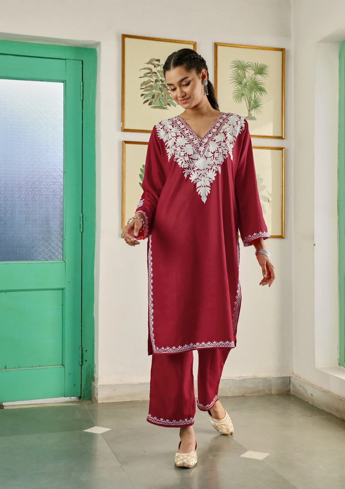 HOC Cotton Aari Embroidered Solid Women's 2 PC Long  Kurta Set - Red - Healthber