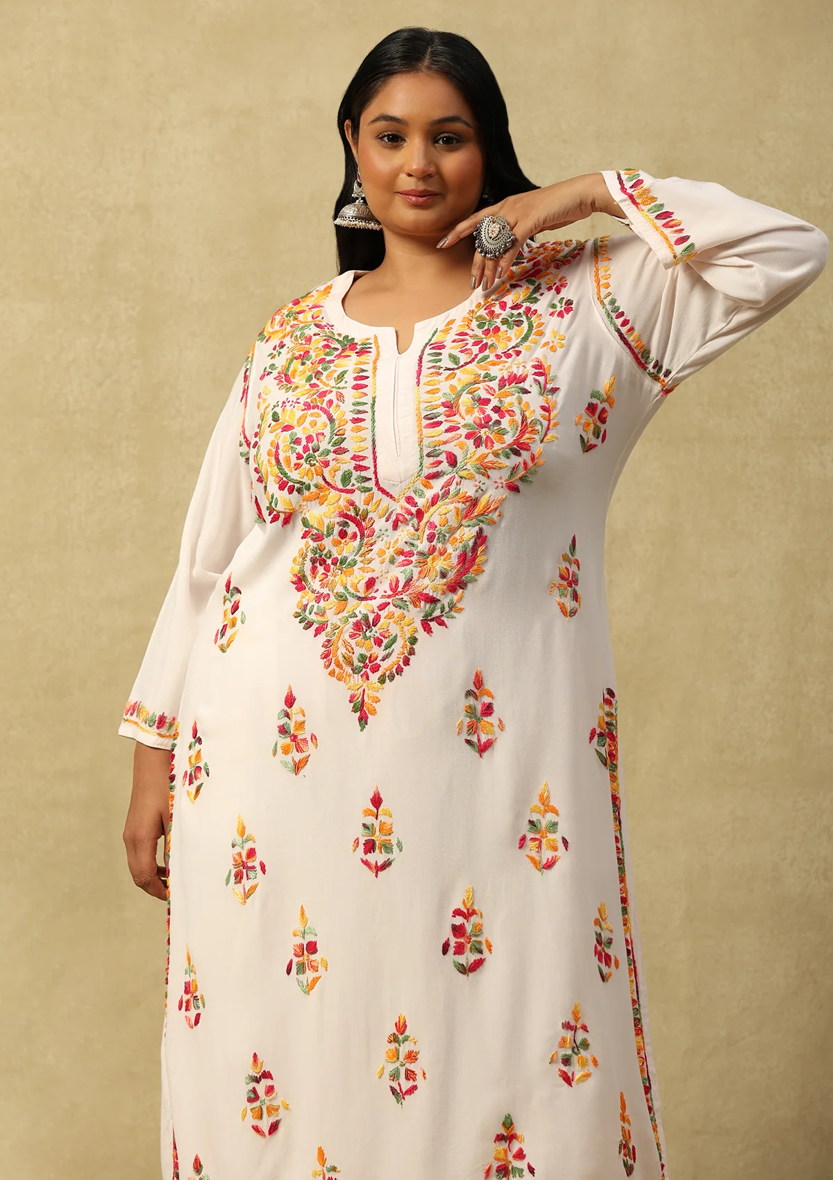 HOC Rayon Chikankari Solid Women's 2 PC Long Kurta Set-White - Healthber