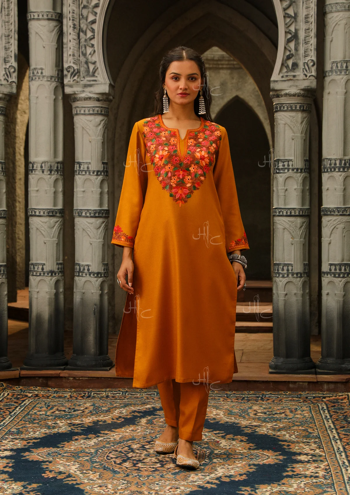 HOC Aari Woollen Straight Kurta Set- Mustard - Healthber